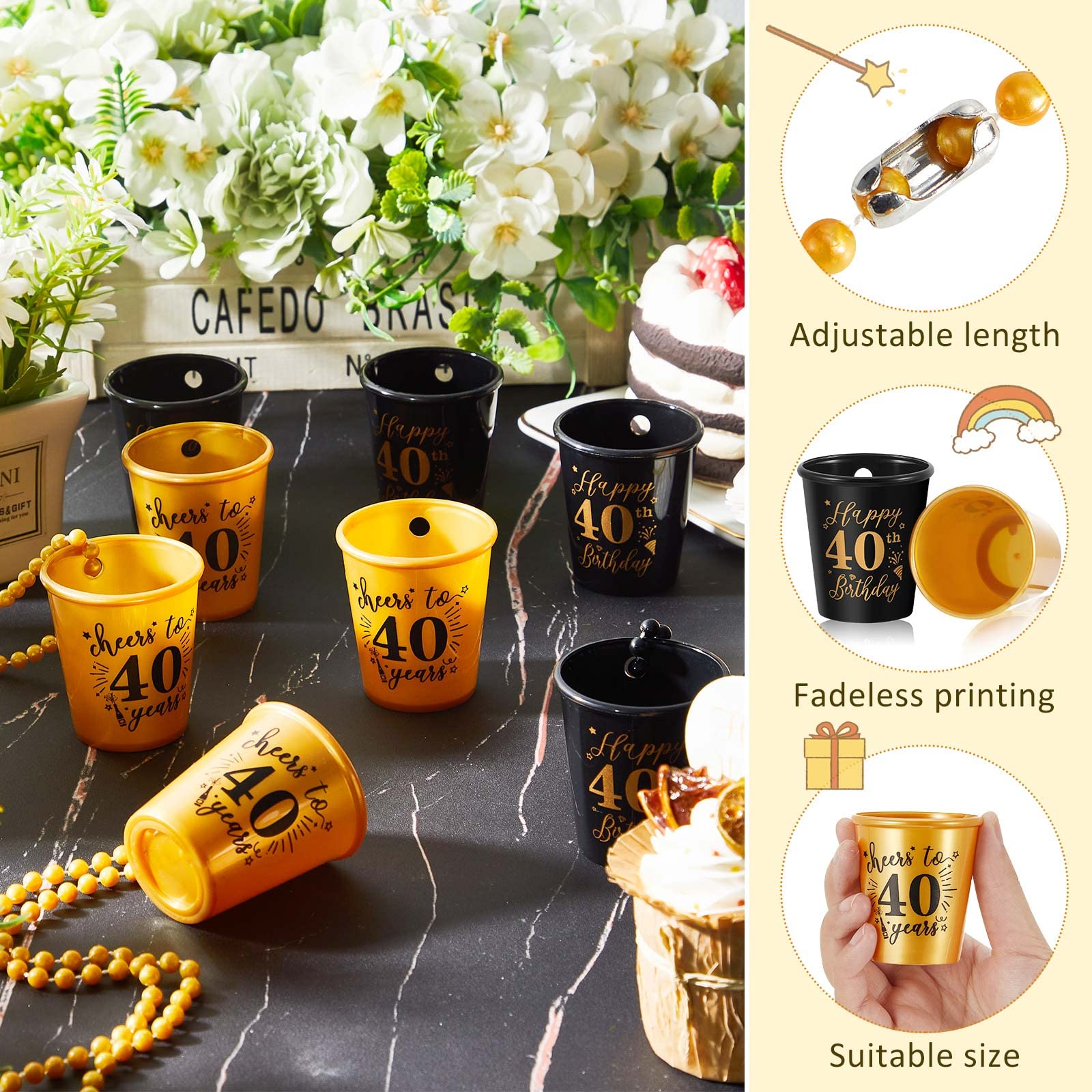Sureio 24-Pack 40th Birthday Shot Glass Necklaces - Gold & Black Plastic Party Cups for Women & Men - Bulk Party Favors for Birthday Celebrations, Anniversaries & Special Events - Perfect for Themed Parties, Bar Mitzvahs & Cocktail Receptions