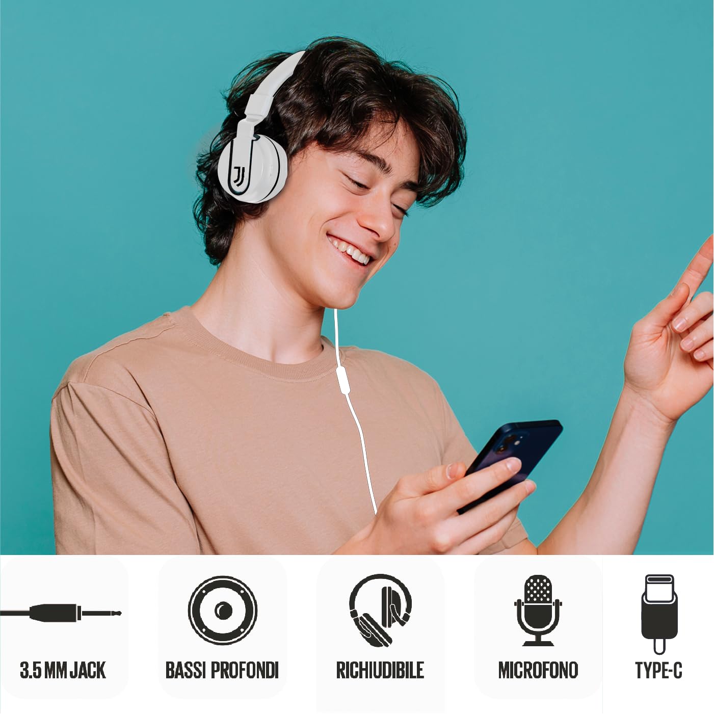 Official Juventus FC Gaming Headset with Built-in Microphone - On-Ear Headphones with 3.5mm AUX Cable & USB-C Adapter - White/Black - Perfect for Gaming, Streaming & Online Classes