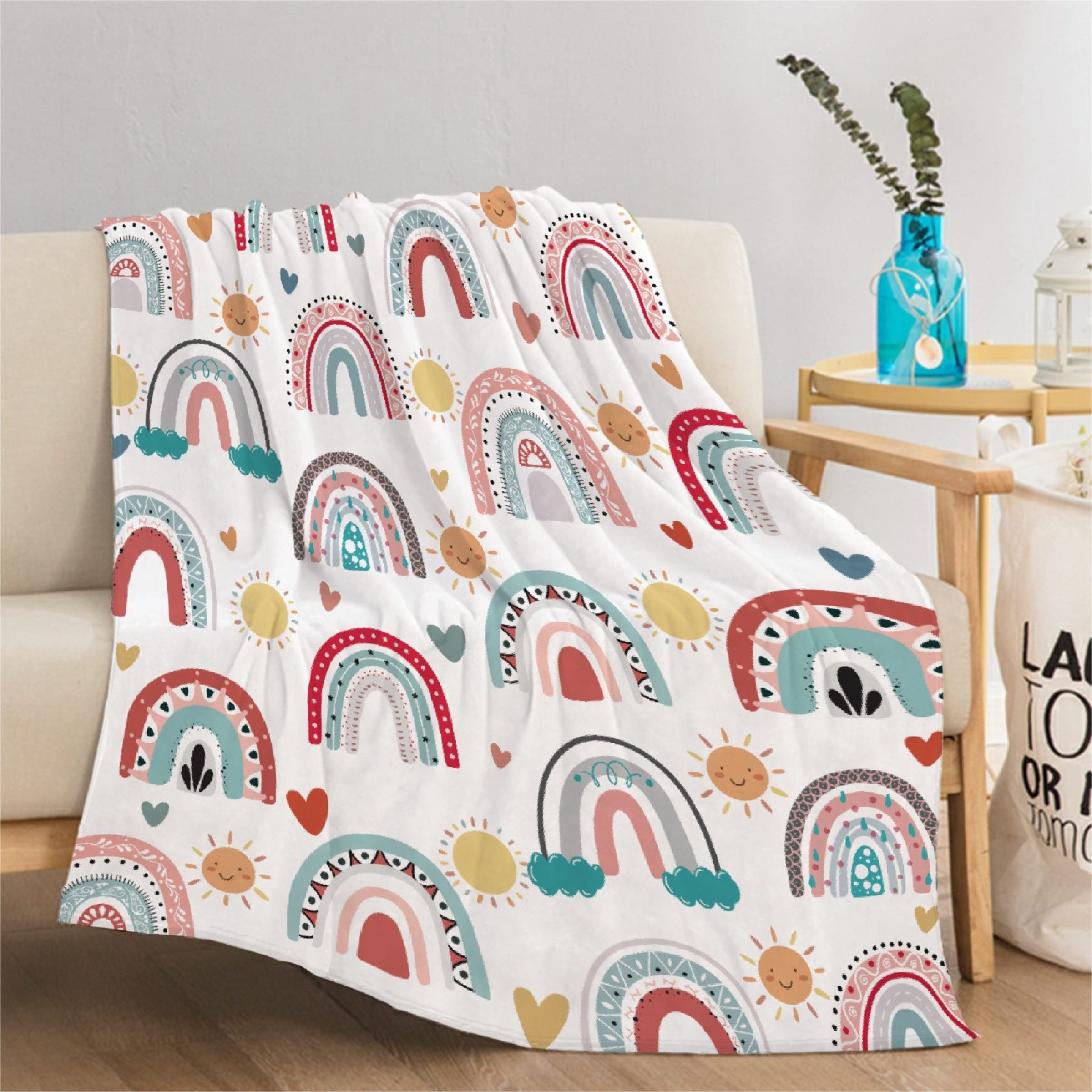Boho Rainbow Sun Cloud Heart Flannel Throw Blanket - Extra Large 120