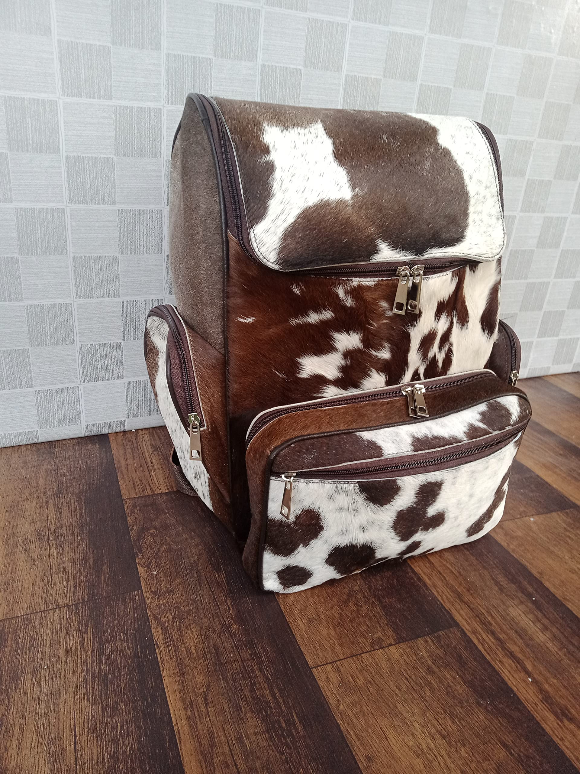 Genuine Cowhide Backpack with Fur Leather | Stylish Diaper Bag, Travel Shoulder Bag & Baby Carrier | Durable Cow Skin Rucksack for Moms & Outdoor Adventures (Tricolor Design) - Perfect for Parenting, Hiking & Daily Commute