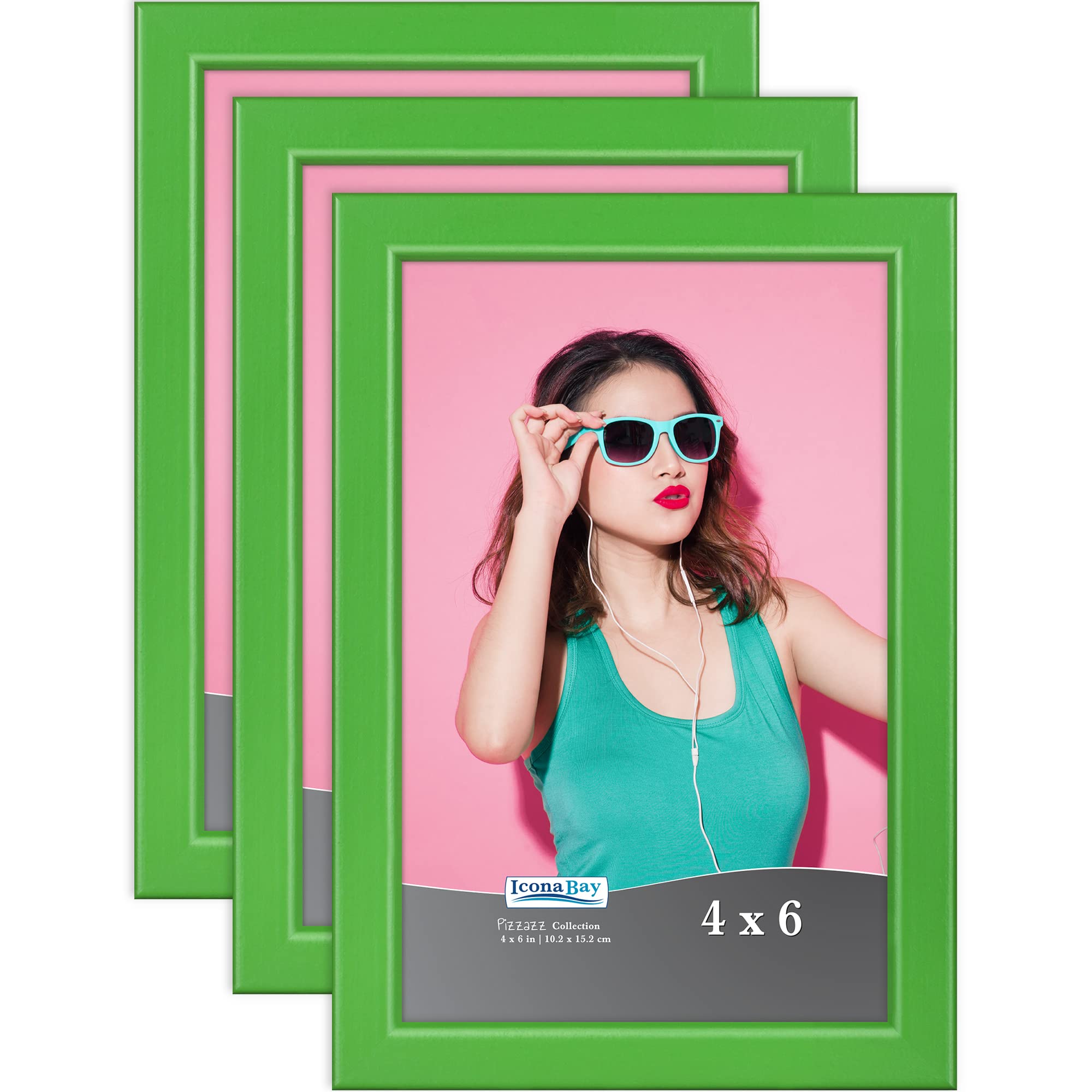 Icona Bay 4x6 Picture Frames (Green, 3 Pack) - Solid Wood Scandinavian Style Photo Frames for Wall Display, Tabletop Decor, and Home Office Decor - Pizzazz Collection