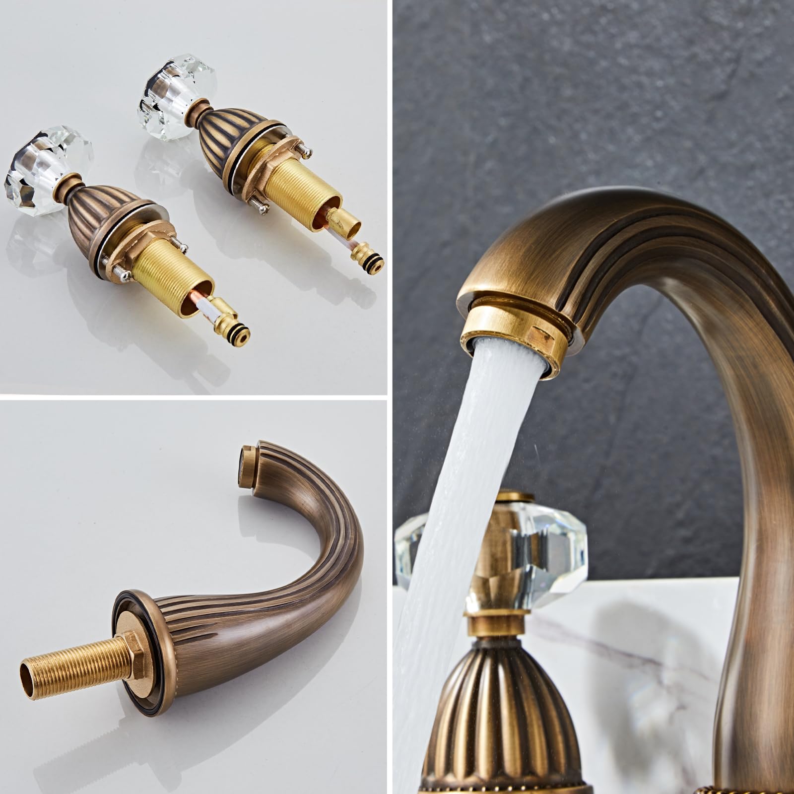 Vintage Two-Handle Widespread Bathroom Faucet - Antique Brass Finish with Crystal Handles - 3 Hole Mount - Includes Hot/Cold Water Supply Lines - Perfect for Classic & Farmhouse Style Bathroom Renovations