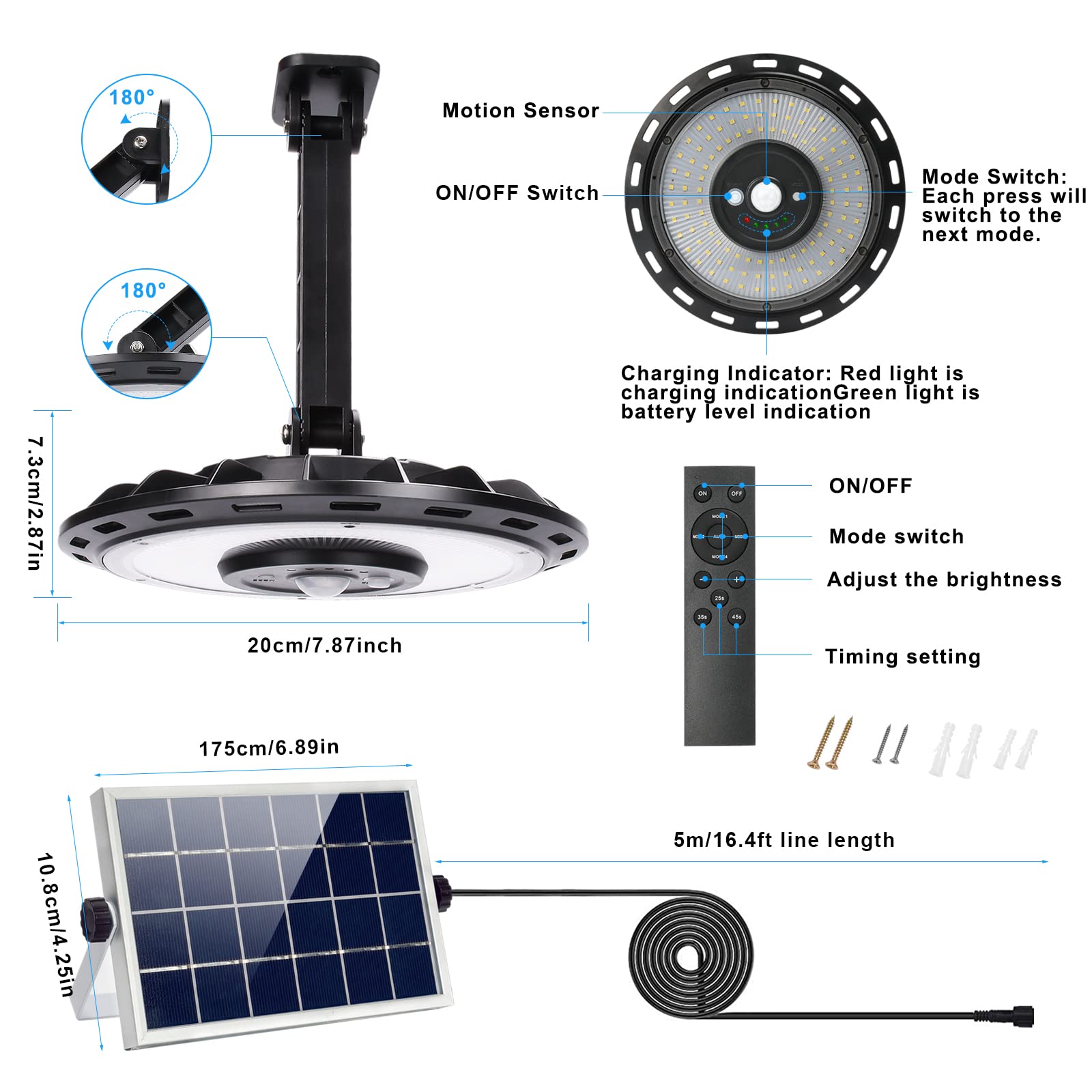 INDARUN Solar Shed Light with On/Off Switch - 3000LM Solar Powered Indoor/Outdoor Lighting with 5 Modes, Waterproof Motion Sensor Light for Garage, Patio, Yard - Perfect for Barn, Gazebo & Outdoor Security Lighting