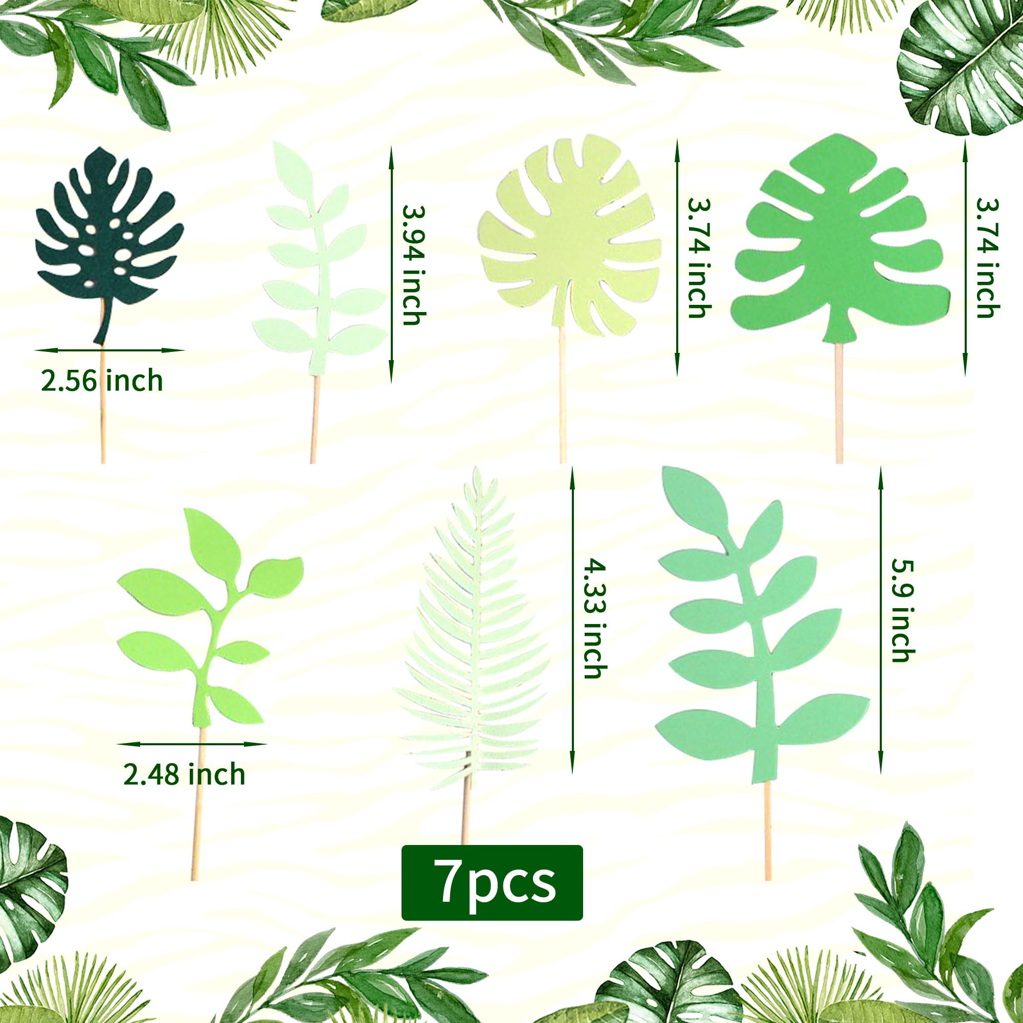 LaVenty Set of 7 Glittery Tropical Leaves Cake Toppers - Elegant Palm Leaf Wedding Cake Decorations for Tropical Theme Parties, Bridal Showers & Birthday Cakes