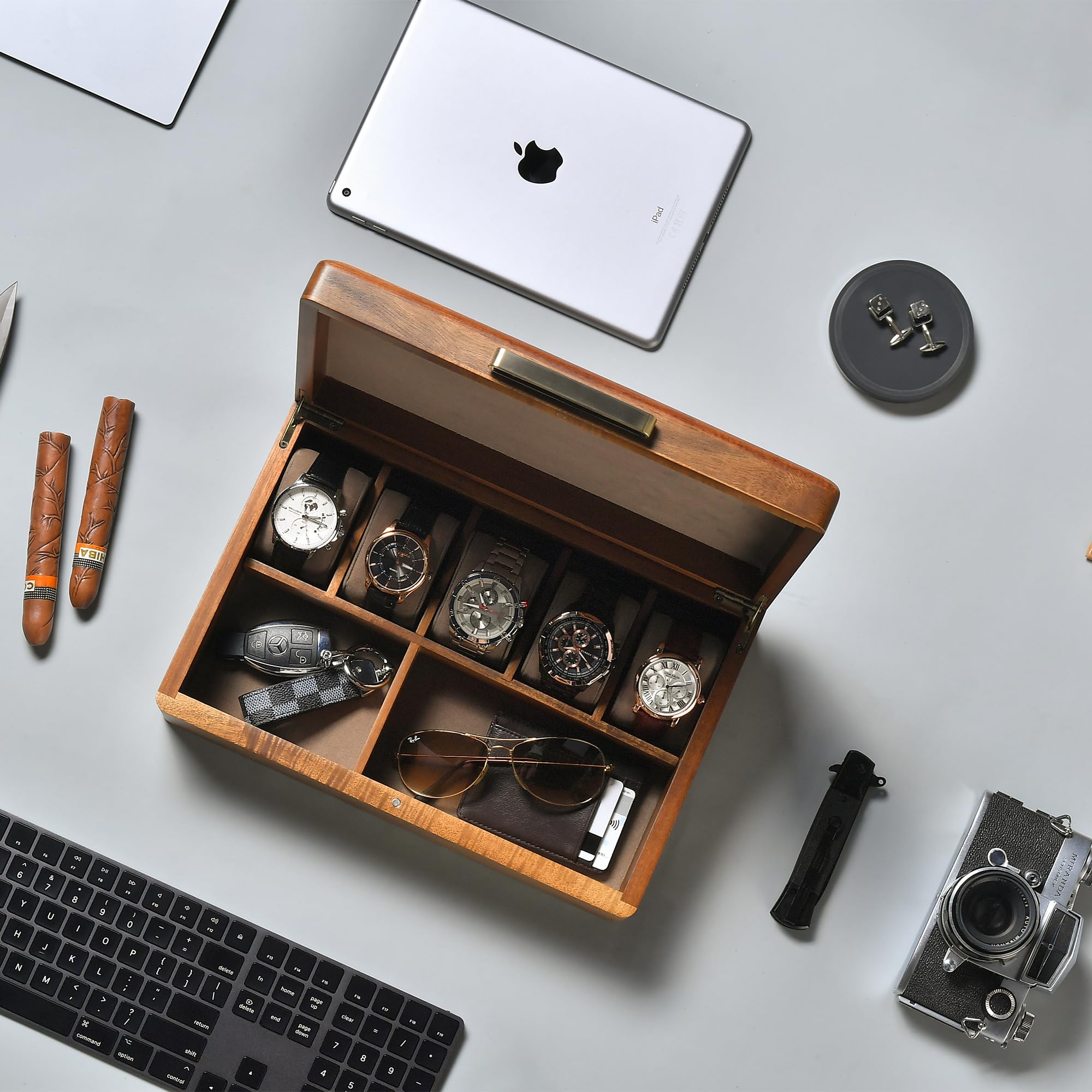 Shanik Large Wooden Watch Box for Men - 5 Slot Personalized Watch Storage Organizer with Engraving - Luxury Watch Case for Collection & Display - Perfect Gift for Watch Enthusiasts & Professionals