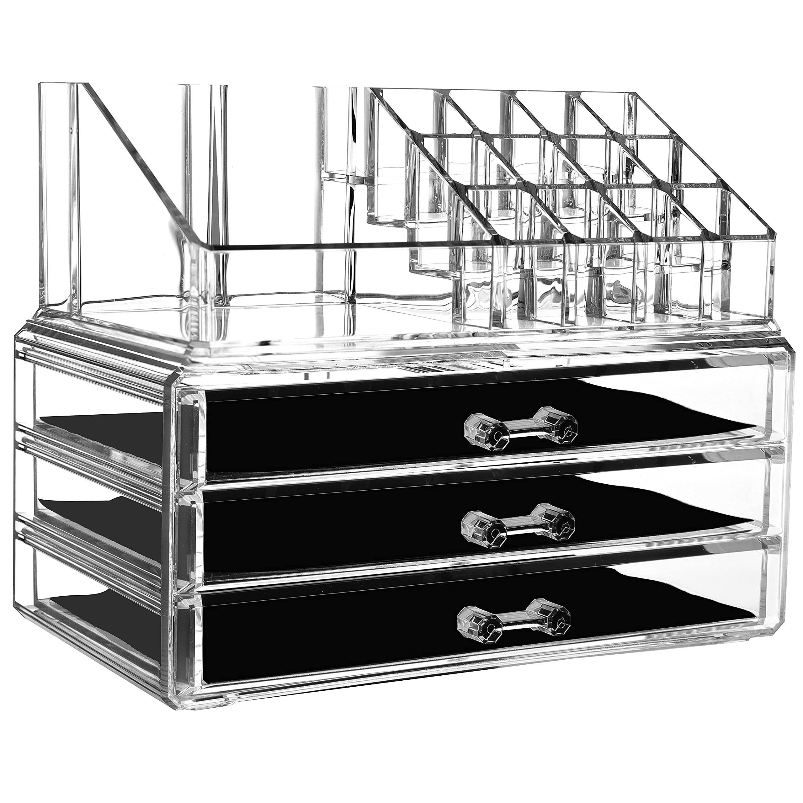 Clear Acrylic Makeup Organizer with 3 Drawers - Large Stackable Cosmetic Storage Box for Skin Care & Beauty Products | Vanity Display Case Set of 2 | Perfect for Bathroom Counter, Dressing Table & Travel Organization