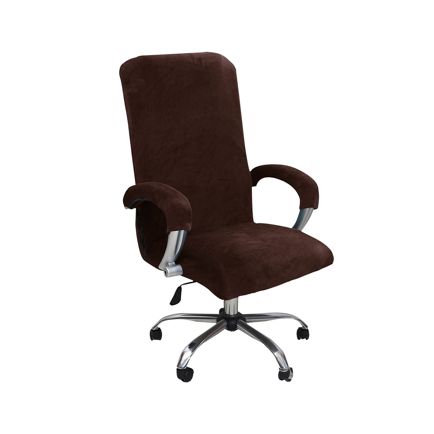 Velvet Office Chair Cover with Arm Covers - Stretchable Universal Fit for Computer Desk, Boss Swivel & Gaming Chairs (Large, Brown) - Perfect for Home Office, Conference Rooms & Gaming Setups