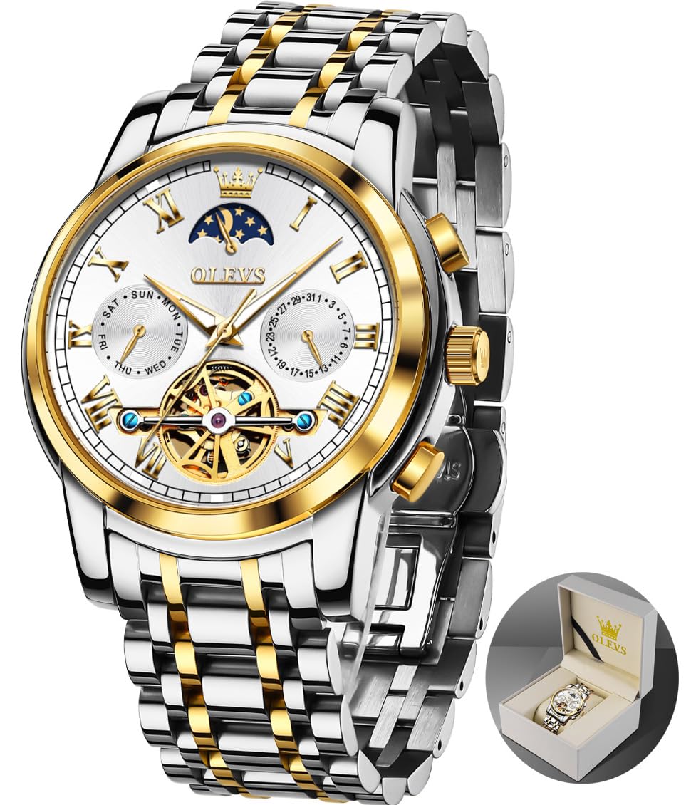 OLEVS Automatic Self-Winding Men's Watch with Date & Day Calendar, Stainless Steel Skeleton Tourbillon Watch - No Battery, Waterproof (30M) - Perfect for Business, Casual & Formal Occasions