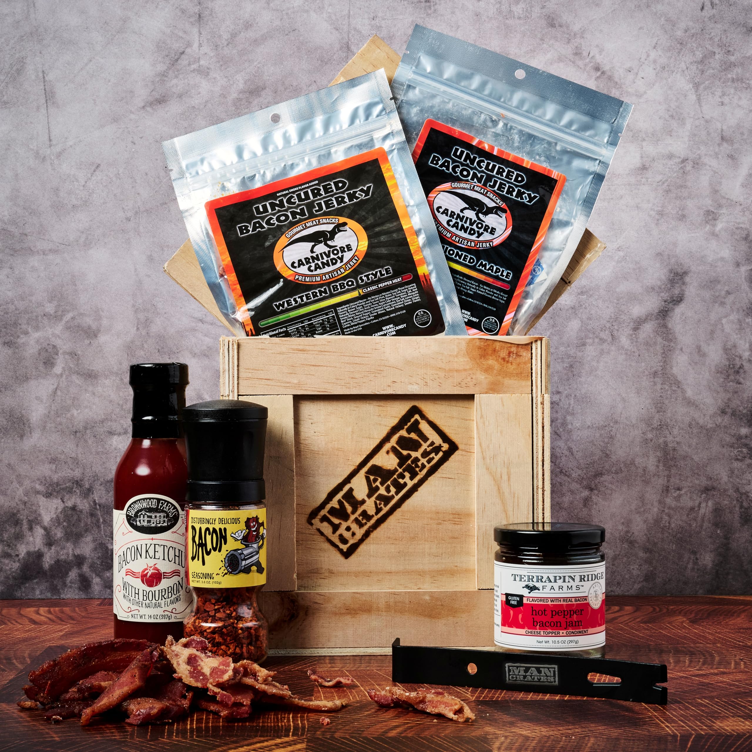 Bacon Crate Gift Box - 5 Premium Bacon-Flavored Snacks Including Maple Bacon Jerky & Bacon Seasoning - Perfect for Men's Gifts, Father's Day, BBQ Parties & Game Night Snacks