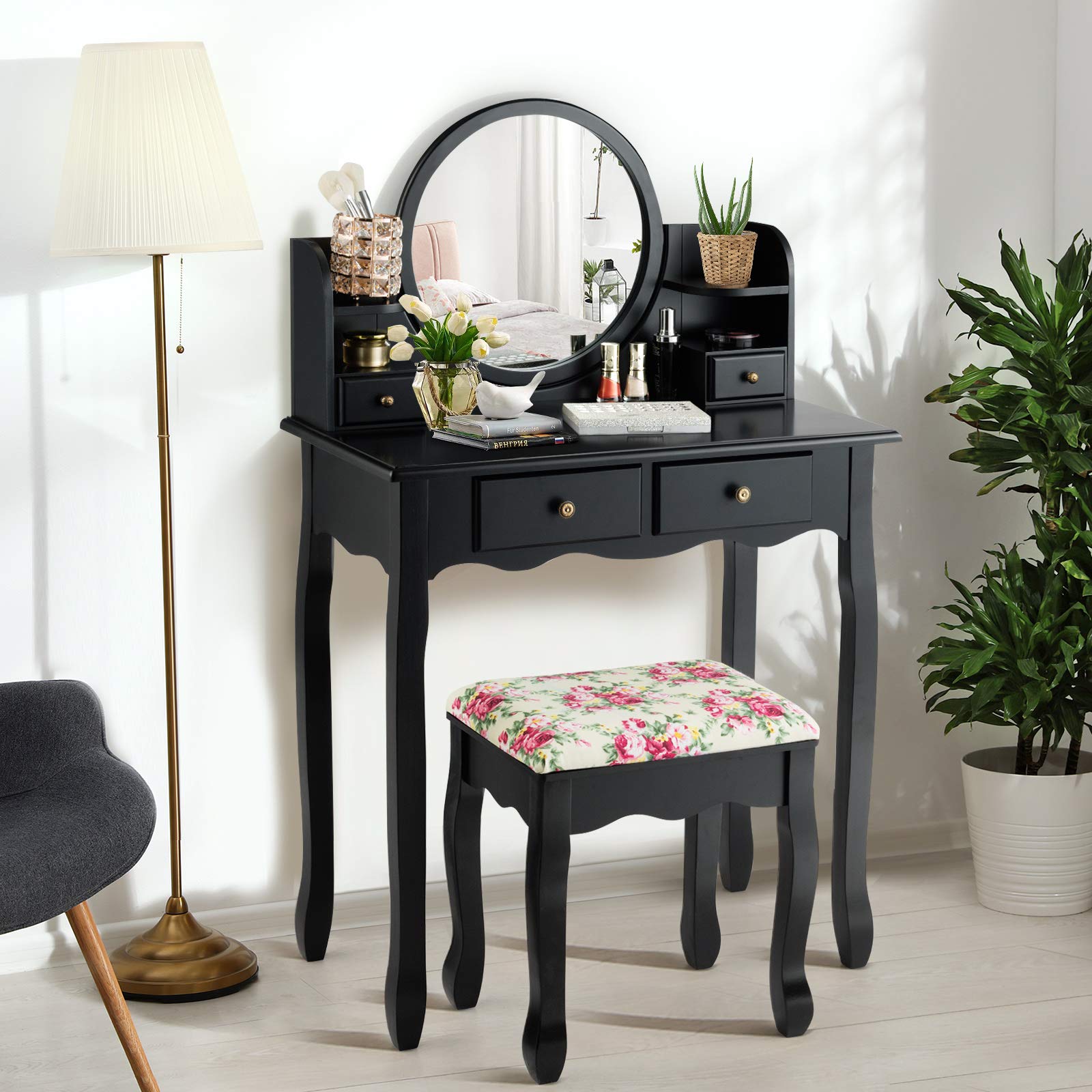 Charmaid Vanity Set with 4 Storage Shelves & 4 Drawers, Makeup Dressing Table with 360° Swivel Mirror, Cushioned Stool & Organizers - Elegant Black Vanity Desk for Women & Girls | Perfect for Bedroom, Dorm Room & Beauty Salon Makeup Station