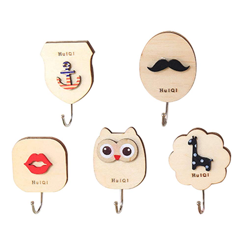 Cabilock 5-Pack Adhesive Wall Hooks - No Nail Sticky Hangers for Bathroom, Kitchen, Bedroom - Reusable Wooden Hooks for Towels, Robes, Keys & Decor (Random Cartoon Patterns) - Perfect for Small Space Organization & Home Decor