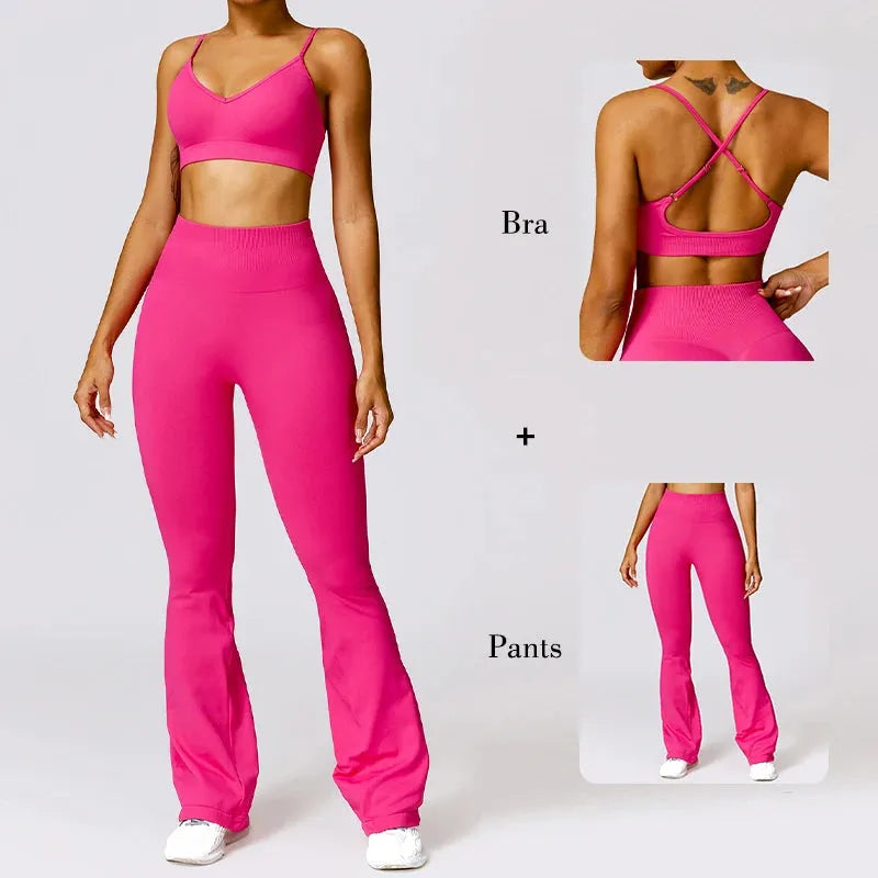 2 Pcs Women's Workout Set - Flared Yoga Pants & Long Sleeve Top - Quick Dry Gym Clothes for Women - Perfect for Yoga, Pilates & Fitness Training