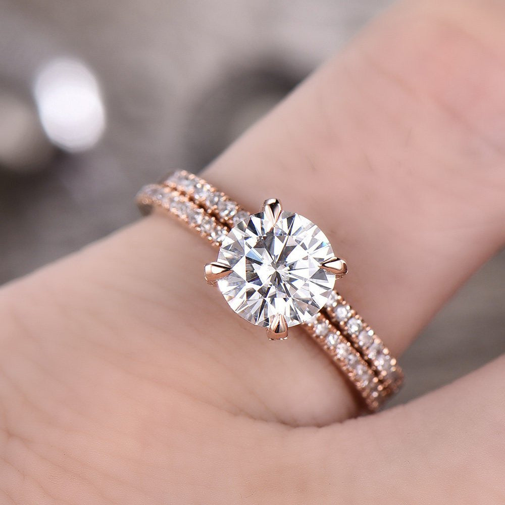 Moissanite Engagement Ring 14K Rose Gold - 7mm Round Solitaire Diamond Basket Half Eternity Wedding Band Bridal Set (D-E-F Color) | Perfect for Proposals, Anniversaries & Special Occasions