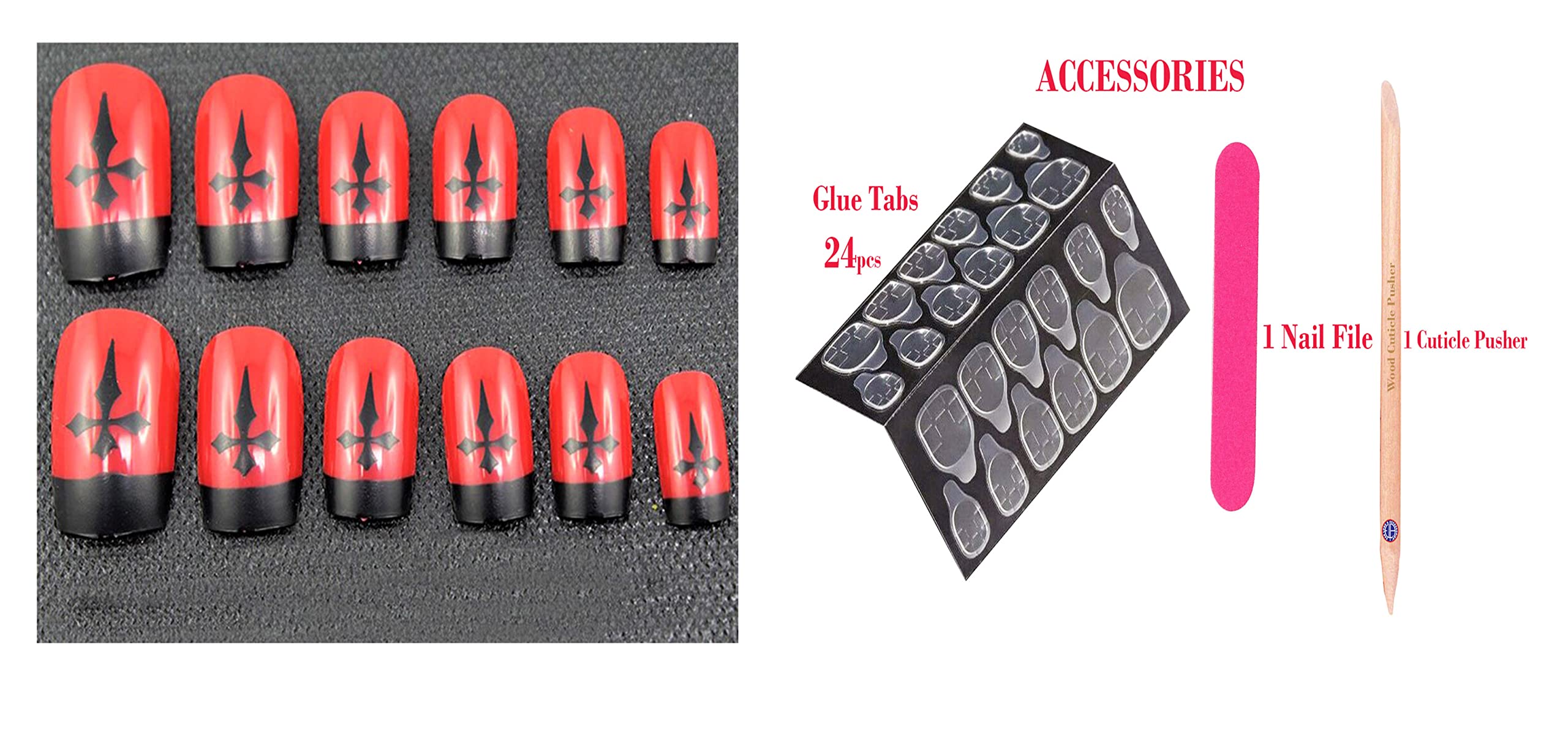 ELA A2(11) Fancy Nails & Accessories Kit - 12pc Press on Nails, 24pc Nail Glue Tabs, Mini Nail Filer & Cuticle Pusher Stick - Perfect for Home Manicure, DIY Nail Art & Party Looks