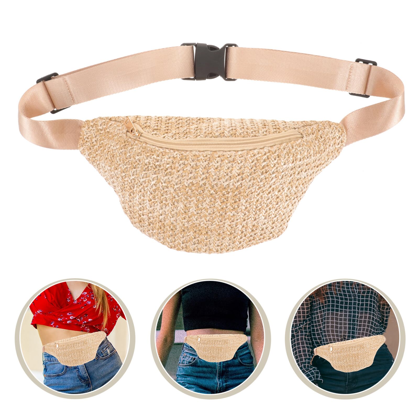 **Amosfun Kids Fanny Pack for Boys & Girls - Adjustable Waist Bag for Hiking, Festivals, Travel - Crossbody Chest Pouch - Summer Straw Woven Design - Unisex for Men & Women**    *(Perfect for outdoor adventures, concerts, shopping, and everyday casual wear!)*