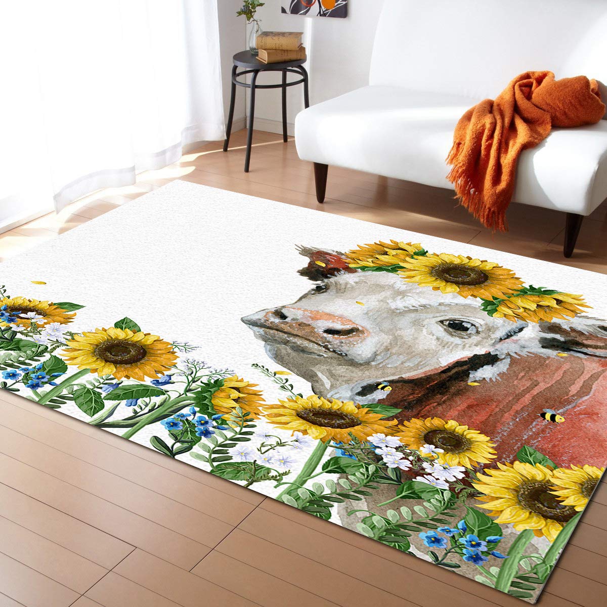 5x8ft Washable Non-Slip Indoor/Outdoor Accent Rug - Sunflower & Cattle Design Bathroom Mat, Front Door Carpet, Bedroom & Kitchen Floor Decor for Home, Patio & Entryway