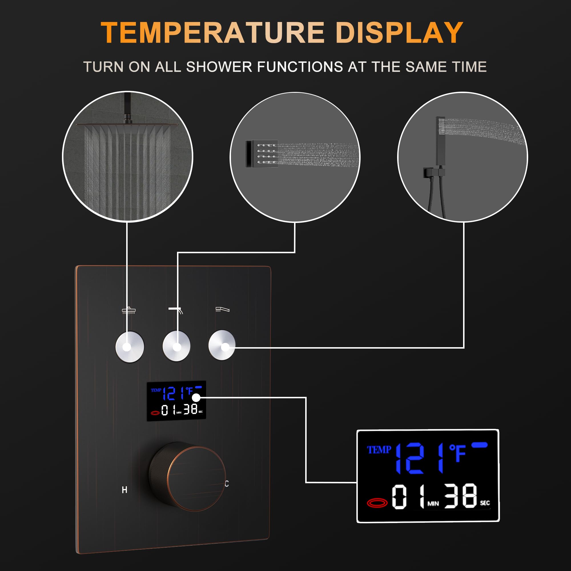 AYIVG Oil Rubbed Bronze 3-Way Thermostatic Shower Diverter Valve with Temperature Display - Concealed Flow Control for Bathroom Shower System (Can Run Multiple Fixtures Simultaneously) - Perfect for Modern Bathroom Renovations and Luxury Shower Installations