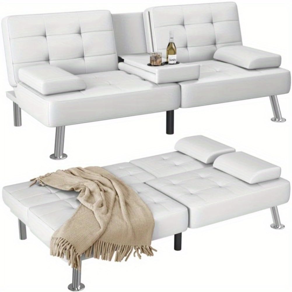 Wide Faux Leather Convertible Sofa Bed with Cup Holder - Adjustable Reclining Couch Sleeper for Living Room, Guest Room & Small Spaces - Modern Reversible Upholstered Recliner in White