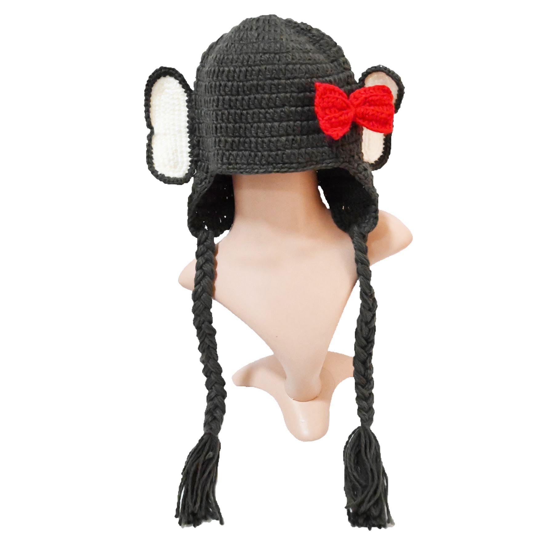 BIBITIME Handmade Knit Elephant Hat with Ears - Adorable Bowknot Beanie with Earflaps & Braid Details - Perfect for Newborn Baby Shower Gifts & Winter Photoshoots