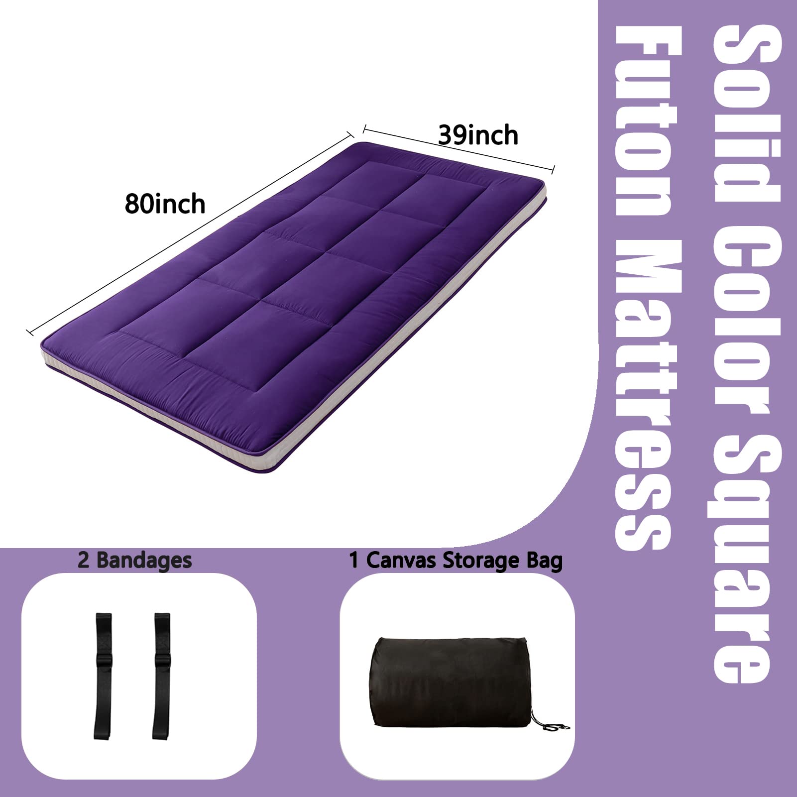 MAXYOYO Twin Bed Mattress - Japanese Floor Futon Mattress for Camping & Home Use | Foldable Portable Twin Mattress Pad Topper | Purple Single Floor Bed | Perfect for Guest Rooms, Dorms, Camping & Small Spaces