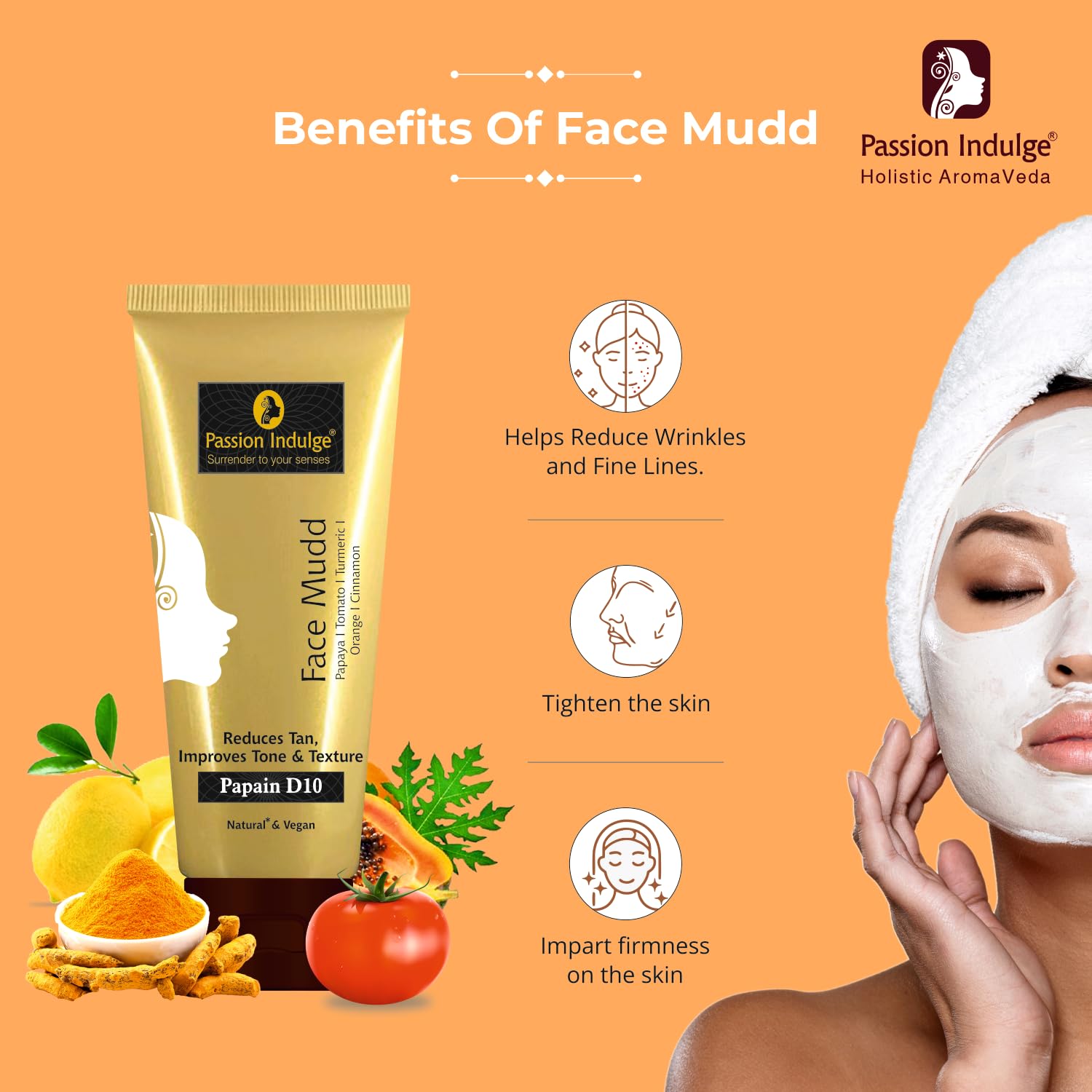 Passion Indulge Papain D10 Natural Face Mud Mask for Tan Removal & Brightening | 100% Natural Vegan Skincare | Aromatherapy Facial Treatment | PETA Certified (100g) - Perfect for Spa Days & Post-Sun Care