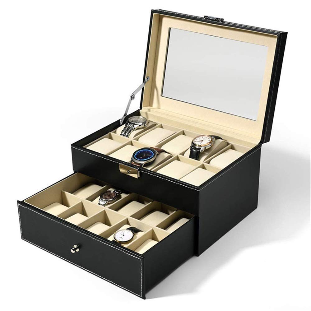 Premium 2-Layer PU Leather Watch Box with Lock - Jewelry & Cufflink Storage Display Case (28x20x17cm) - Elegant Black Watch Organizer for Men & Women - Perfect for Travel, Gift & Home Decor