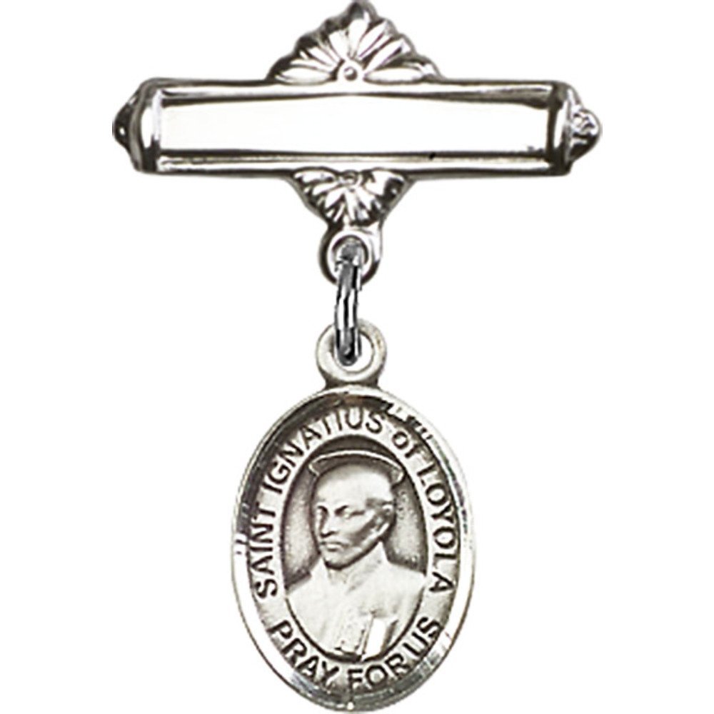 Sterling Silver Baby Badge with St. Ignatius Charm - 1 X 5/8 Inch Polished Pin for Christening, Baptism & First Communion Gifts