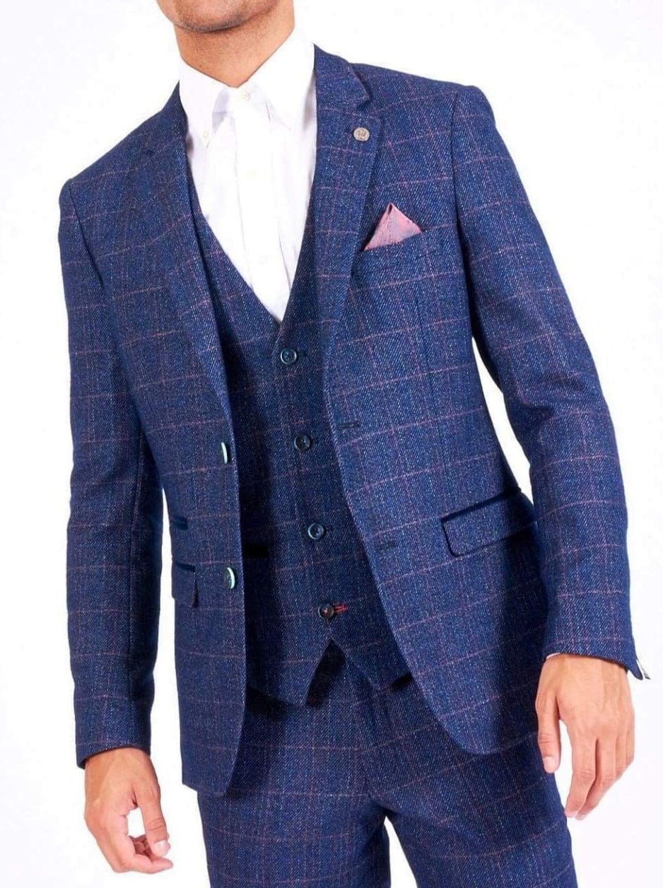 Marc Darcy Harry Men's Indigo Blue Tweed Check Suit - Premium Wool Blend Formal Business Suit for Weddings, Office & Special Occasions