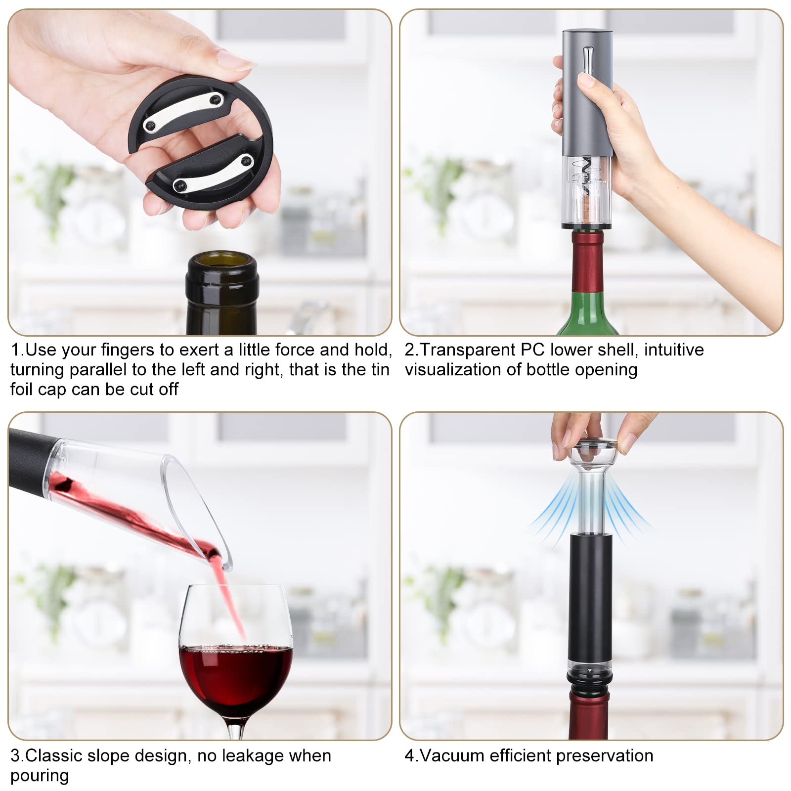 Anpro Electric Wine Opener Set - Rechargeable Corkscrew with Charging Base, Vacuum Pump, Wine Stopper & Pourer - Perfect Gift for Wine Lovers, Dinner Parties & Holiday Gifts (Grey)