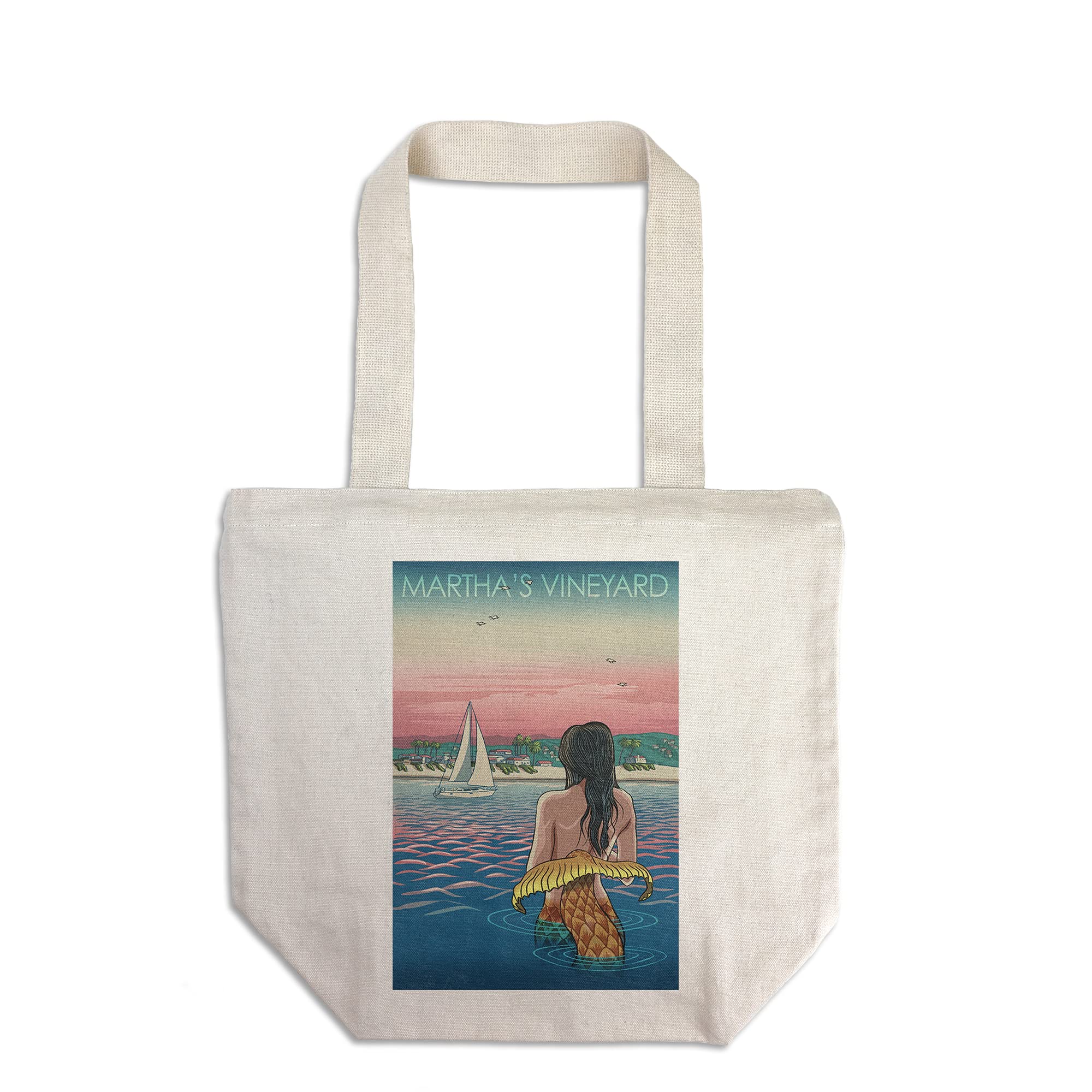 Lantern Press Martha's Vineyard Mermaid Beach Tote Bag - 100% Cotton Canvas Reusable Shopping Bag for Groceries, Beach Trips & Everyday Use