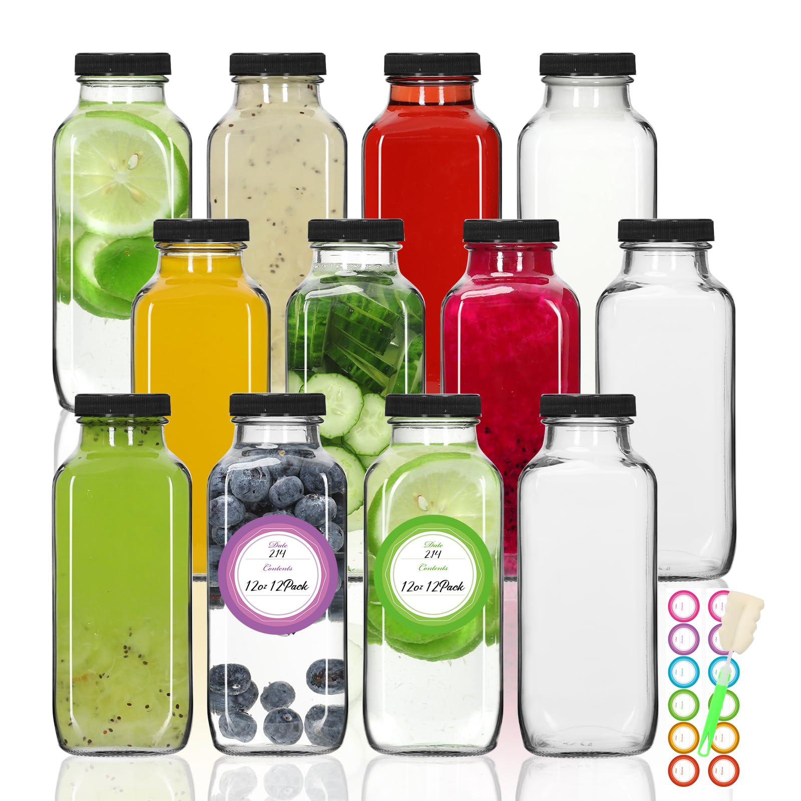 STARSIDE 12 Pack 12oz Glass Drinking Bottles with Lids - Reusable Vintage Water Bottles for Milk, Juice, Kombucha & Smoothies | Perfect for Home, Office, Gym & Outdoor Activities