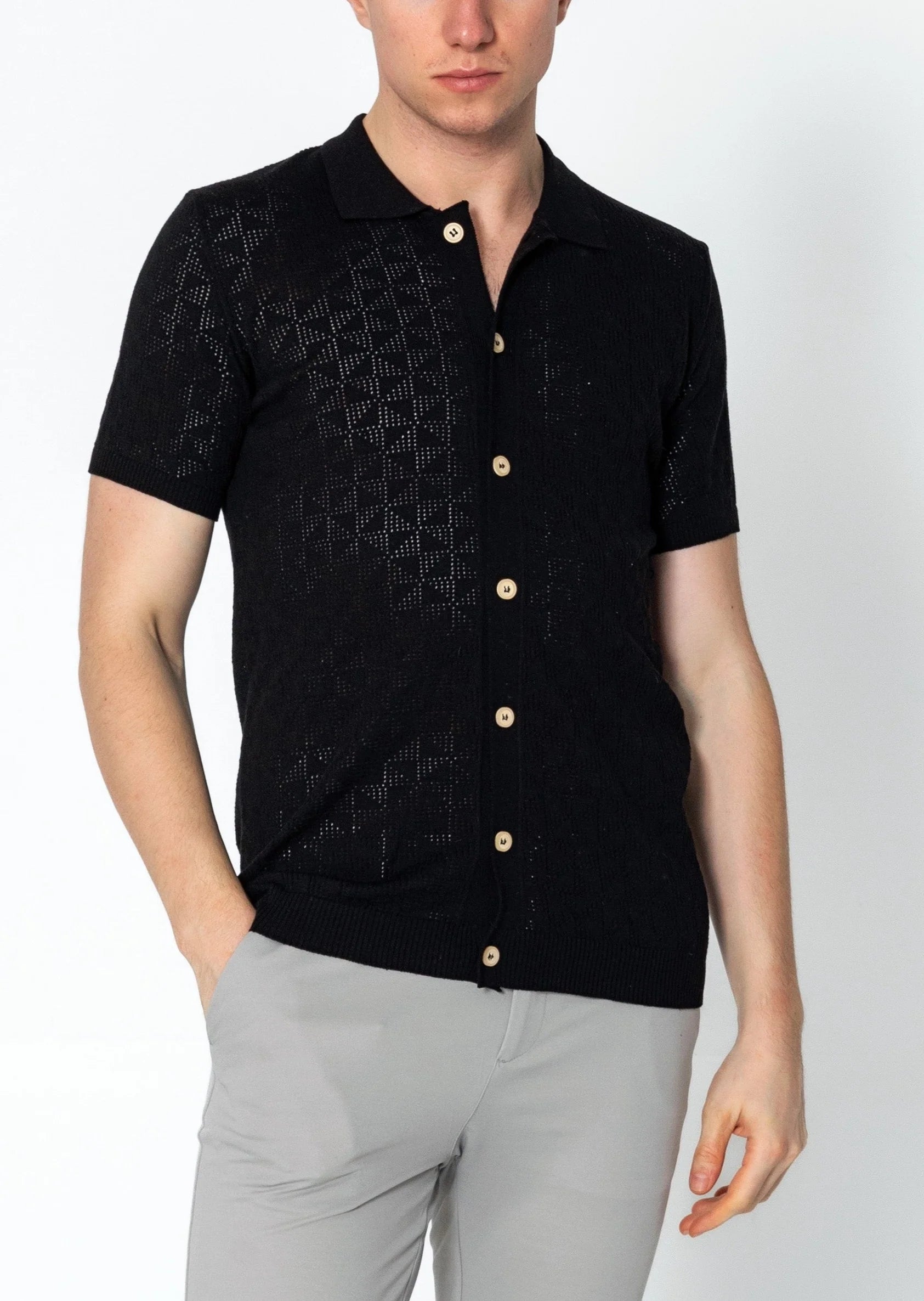 Geometric Crochet Polo Shirt for Men - Trendy Black Cotton Knit Top with Unique Design | Perfect for Casual Outings, Beach Vacations & Summer Fashion