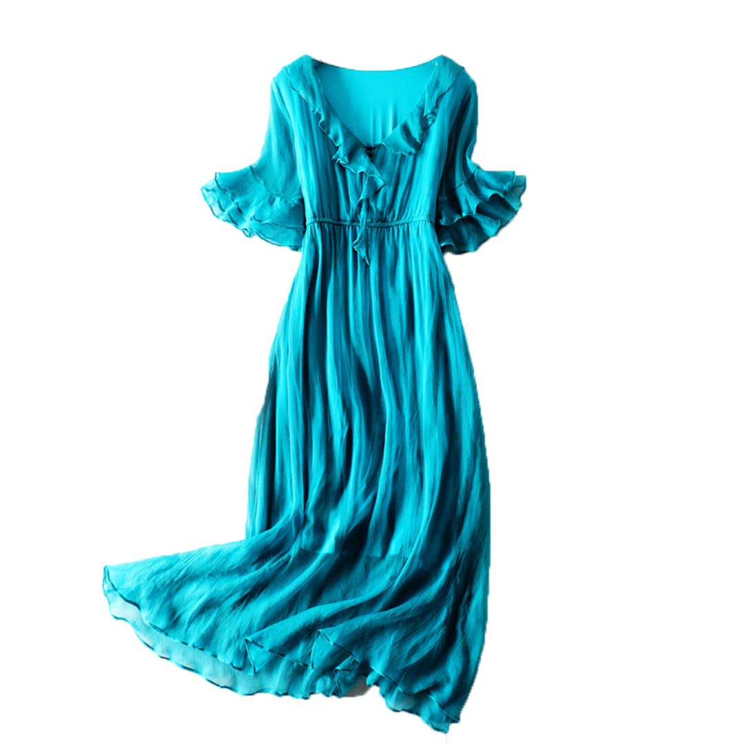 Women's Summer Dress 100% Silk Long Maxi Dress with Deep V Neck - Elegant Beachwear & Evening Wear for Women