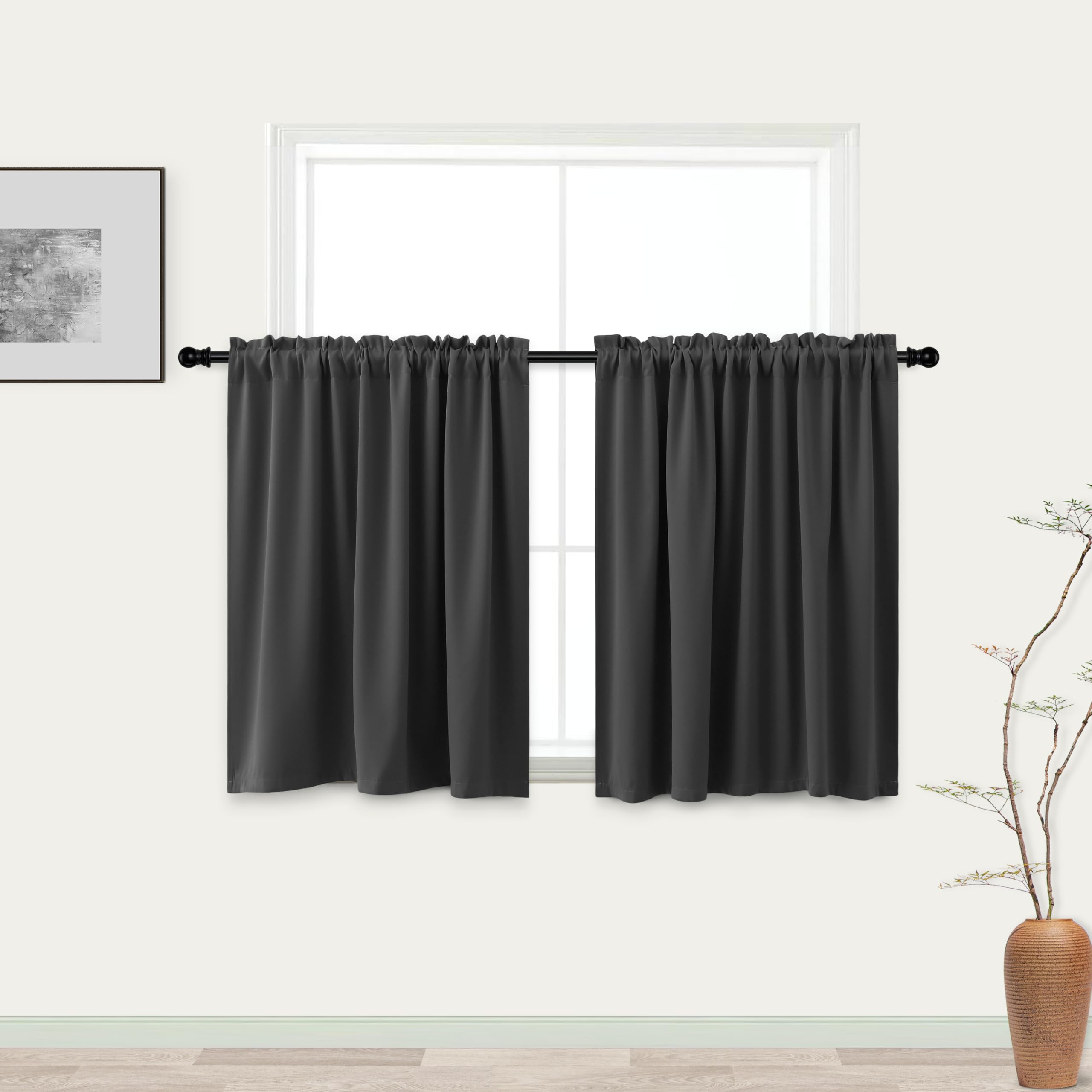 Blackout Half Curtains 34x30 Inch - Dark Gray Rod Pocket Window Curtains for Small Rooms, Living Room & Bathroom - Light Blocking, Room Darkening for Better Sleep & Privacy