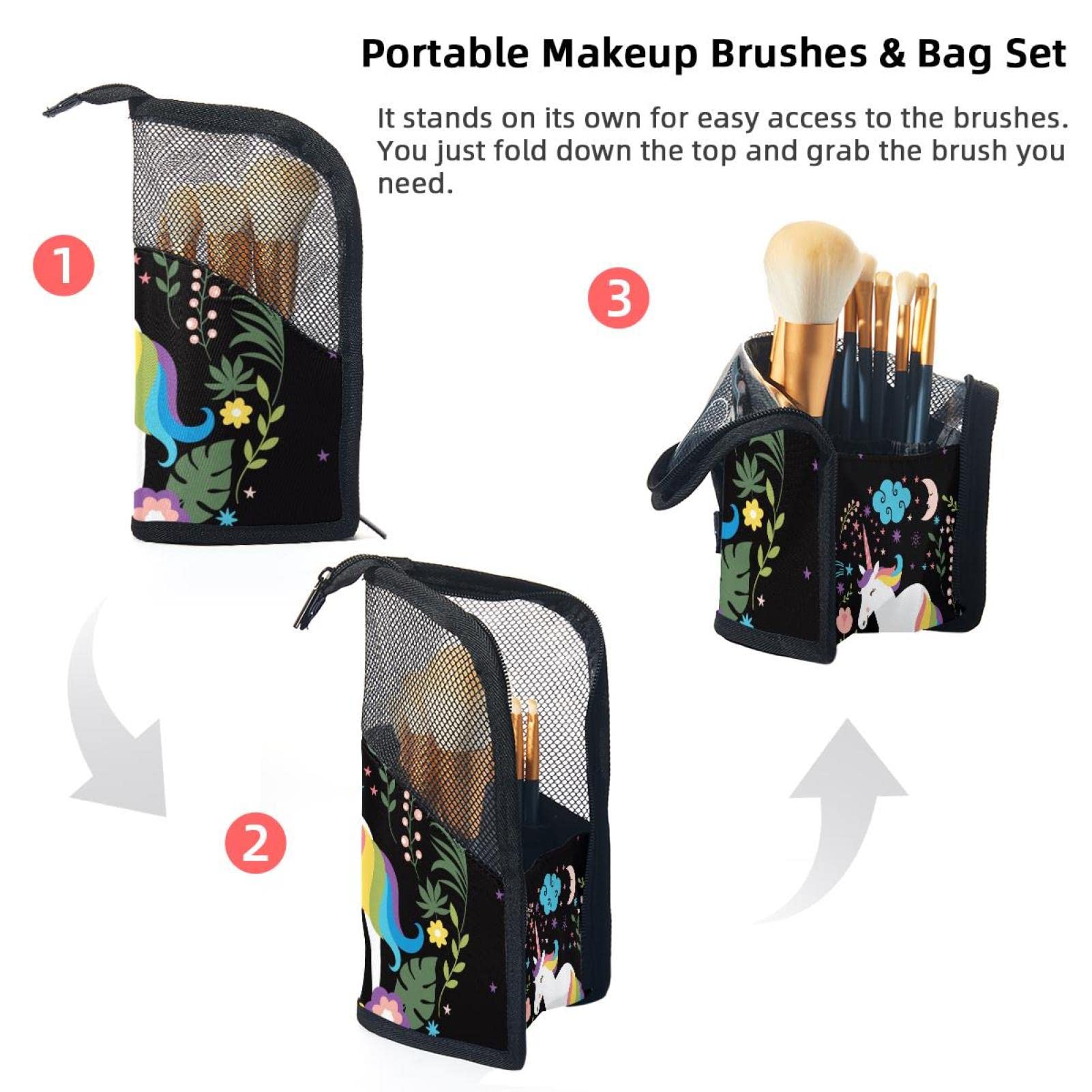 12-Piece Makeup Brush Organizer Bag with Unicorn Cloud Moon Design - Portable Cosmetic Brush Holder Case for Travel & Home Storage