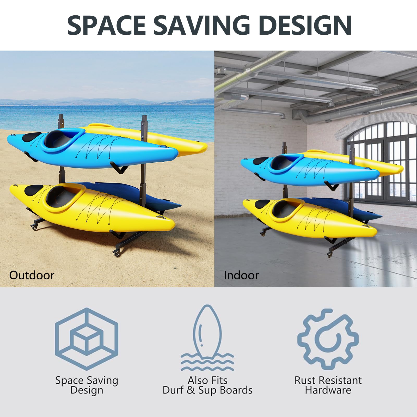 Heavy Duty Adjustable Kayak and Canoe Storage Rack - Freestanding SUP Stand for Indoor & Outdoor Use - Weatherproof Kayak Holder for Garage, Shed, Dock - Perfect for Secure Kayak, Canoe and Paddleboard Storage