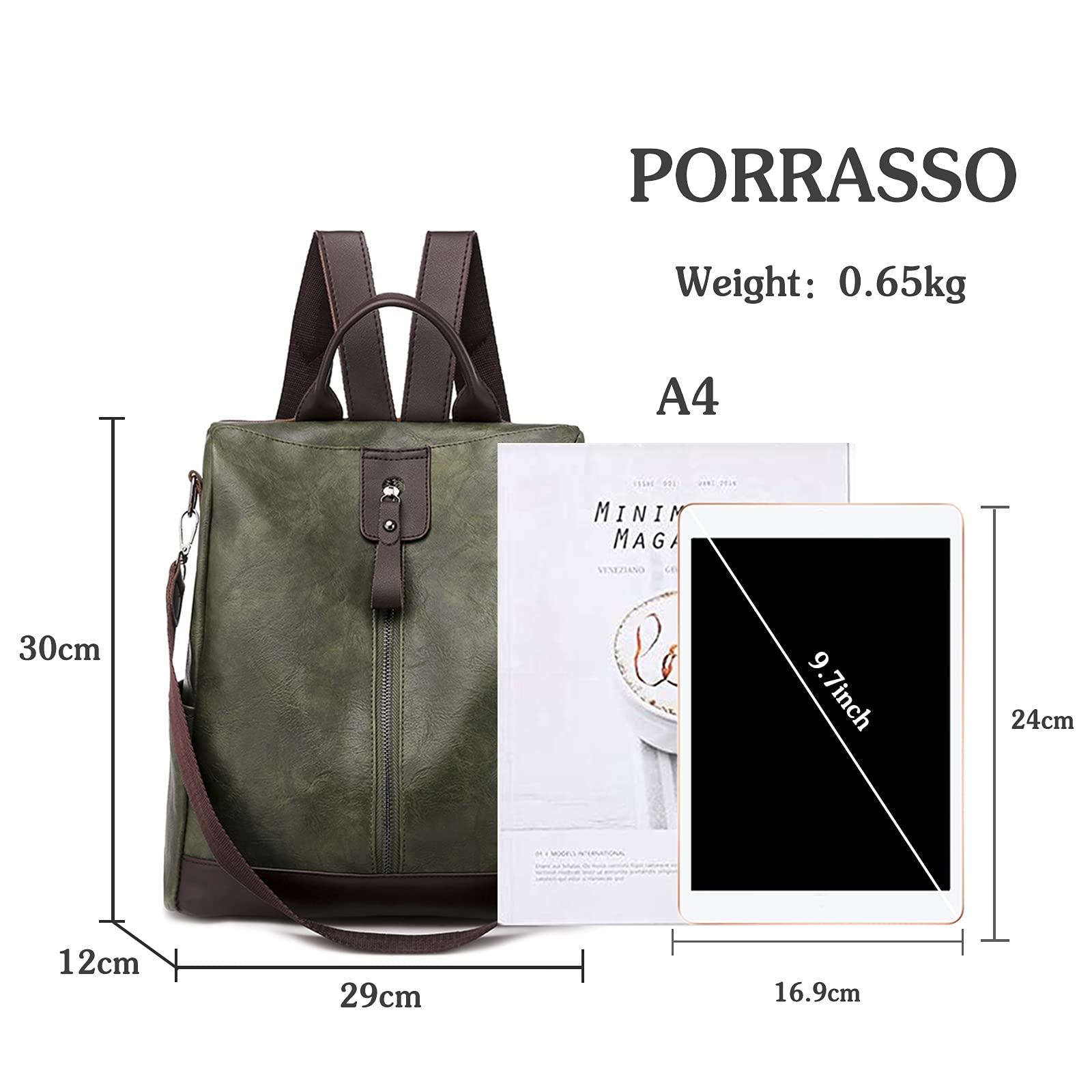 PORRASSO Anti-Theft Women's Backpack - Waterproof PU Leather Daypack with Earphone Hole & Shoulder Straps - Stylish Rucksack for School, Work, Travel & Outdoor Activities