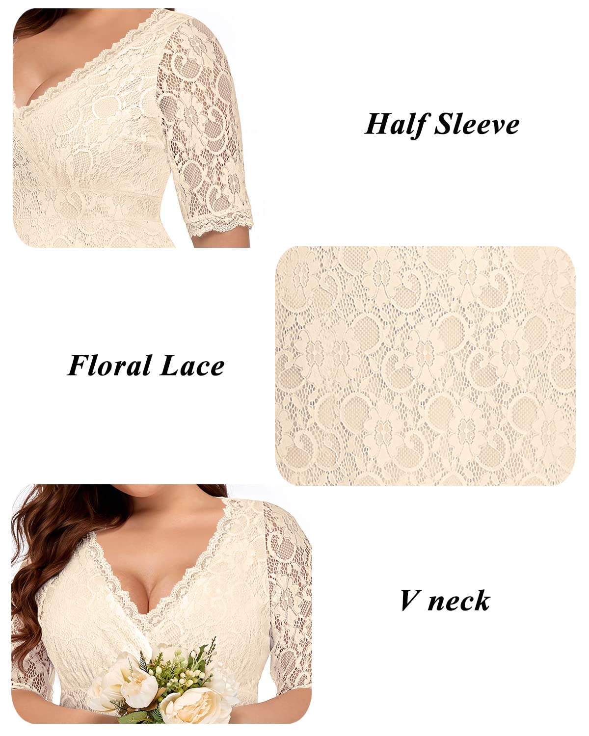 Plus Size Women's Lace Wrap V-Neck Knee-Length Cocktail Dress for Wedding Guest & Semi-Formal Parties | Elegant Evening Wear for Special Occasions