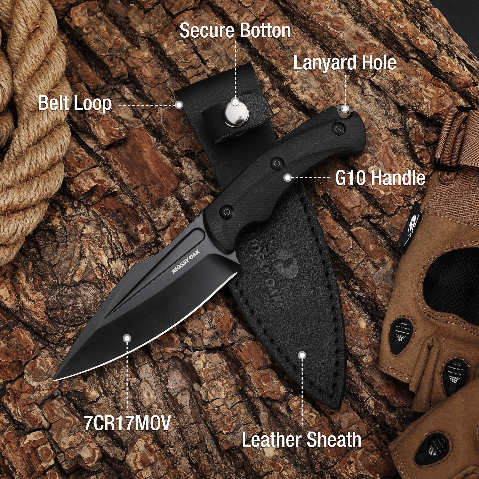 MOSSY OAK Hunting Knife with Sheath - 8.5 Inch Full Tang Fixed Blade Outdoor Survival Knife for Camping, Hiking & Bushcraft | Durable G10 Handle (Black) | Perfect for Wilderness Adventures & Outdoor Activities
