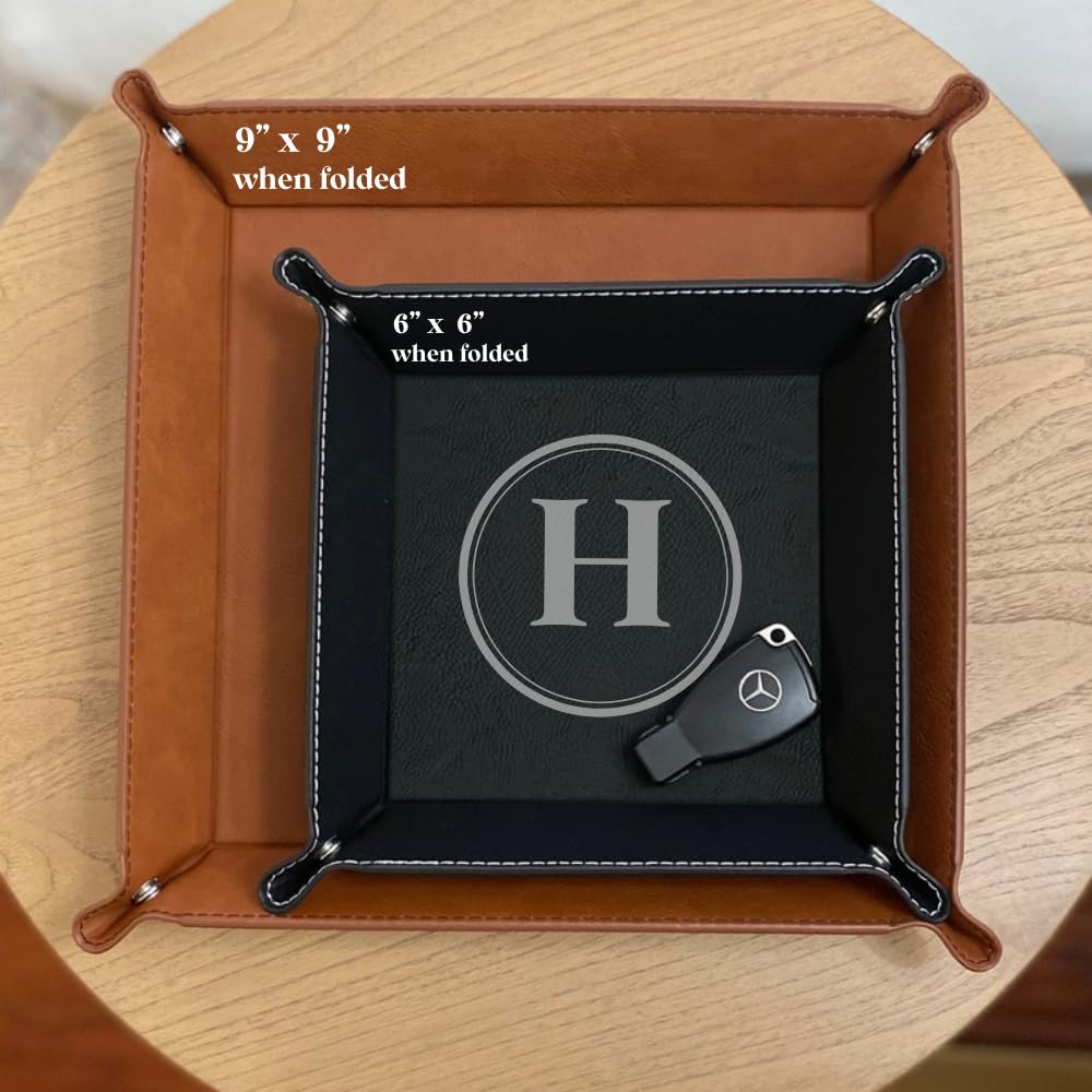Personalized Monogram Leather Valet Tray - Custom Engraved Vegan Leather Catch All Tray for Desk Storage & Organization | Perfect for Jewelry, Keys, Coins & Everyday Essentials