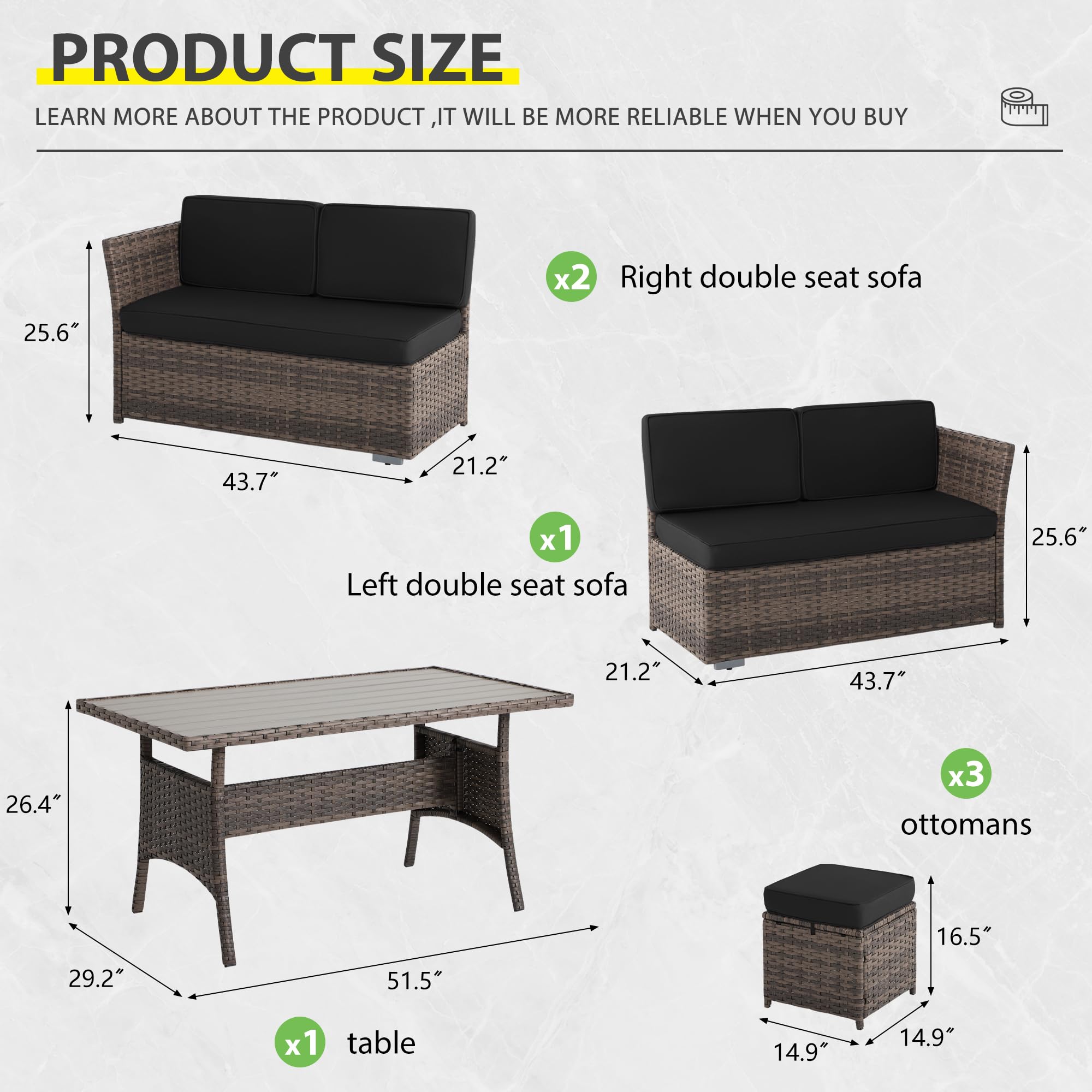 7-Piece All-Weather Brown Rattan Patio Furniture Set with Black Cushions - Outdoor Wicker Dining Table, Loveseat & Ottoman - Perfect for Backyard, Garden or Poolside Relaxation & Entertaining