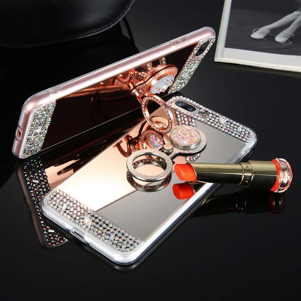 Sparkly Diamond Glitter Mirror Case for iPhone 11 Pro Max - Bling Rhinestone Protective Cover with Ring Holder & Kickstand | Cute Fashion Phone Case for Women & Girls | Perfect for Parties, Dating & Selfies