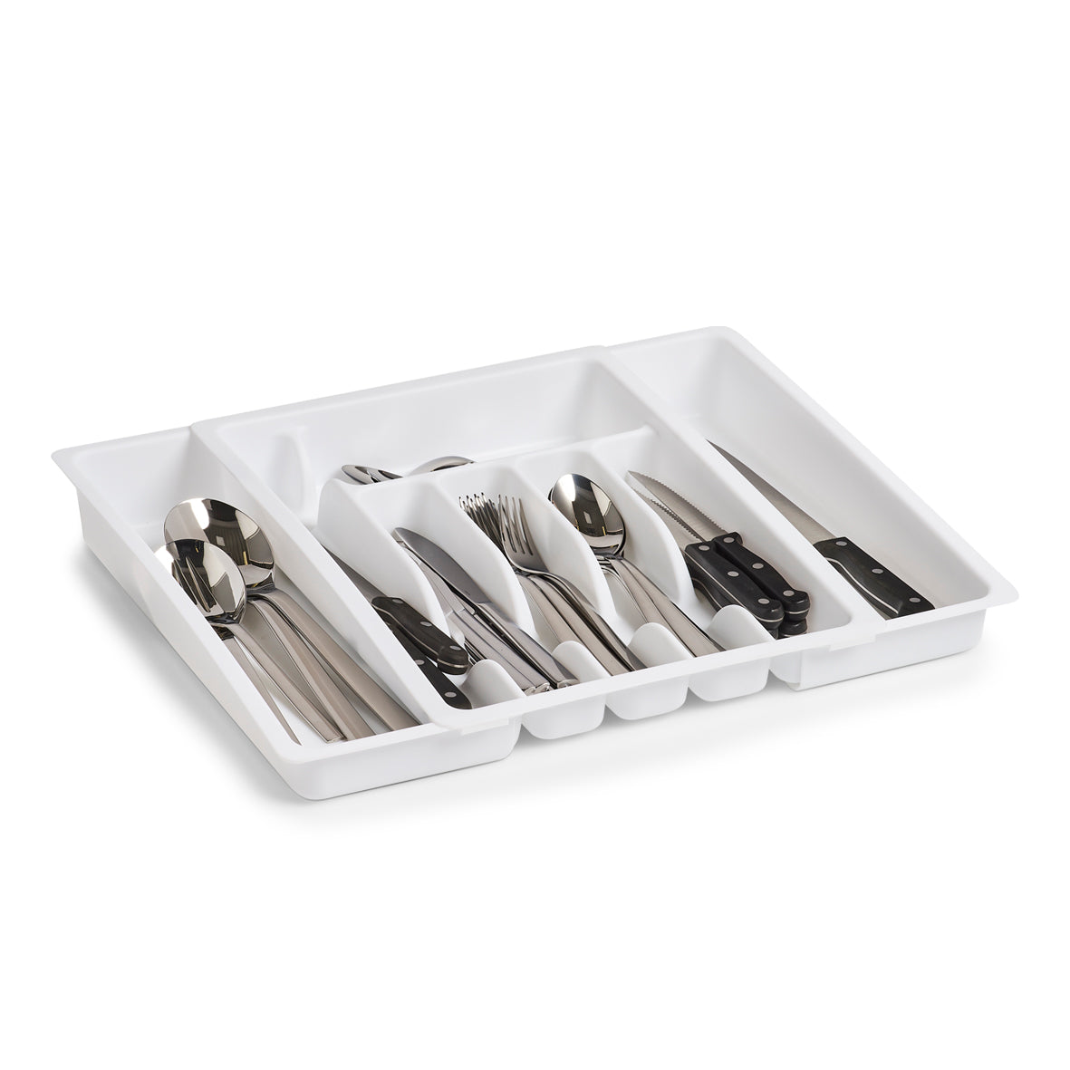 Extendable Plastic Cutlery Box - White Kitchen Utensil Organizer for Dining Table, Picnic, Camping & Party Supplies Storage
