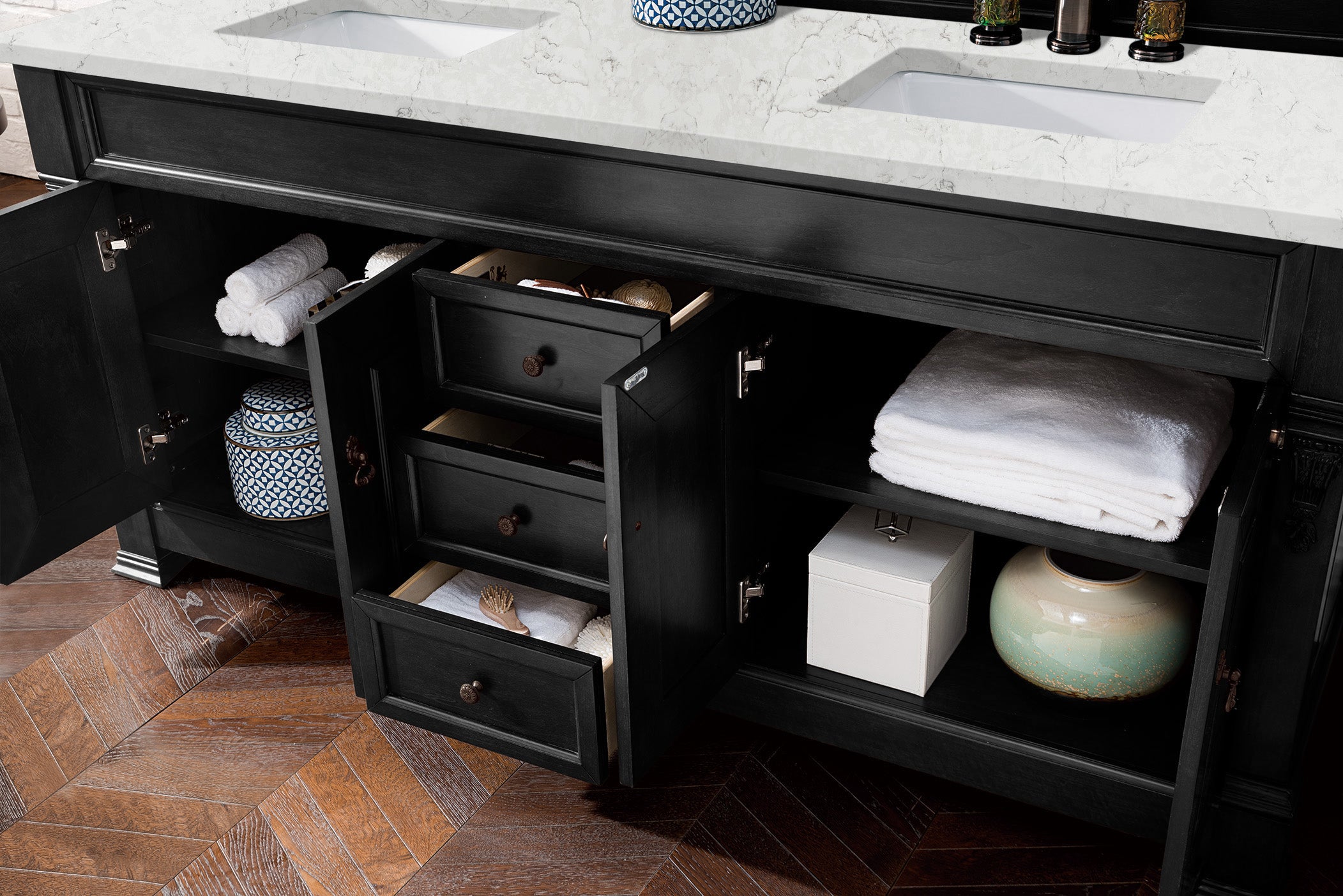 Brookfield 72 Inch Double Vanity with Antique Black Finish & 3CM Eternal Jasmine Pearl Quartz Countertop - Perfect for Modern Bathroom Renovations and Master Bath Suites