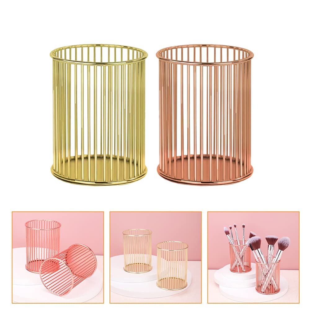 2-Pack Gold Iron Wire Pen Holder & Makeup Brush Organizer - Stylish Mesh Desk Organizer for Office, Home, or Vanity - Perfect for Pens, Styluses, Cosmetics & Art Supplies