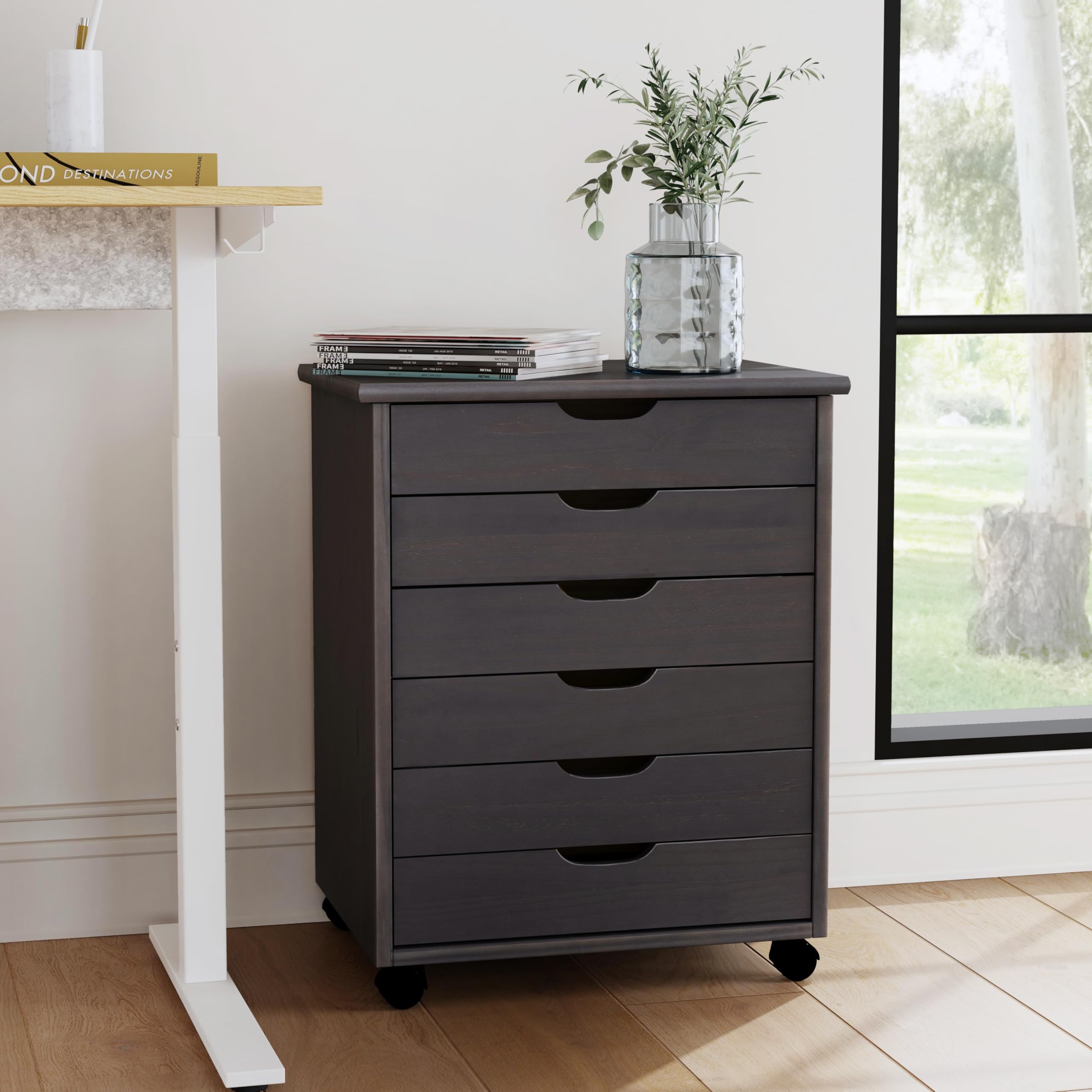 Linon Corinne 6-Drawer Wide Rolling Storage Cart with Wheels, Grey - Perfect for Bedroom, Bathroom, Office & Kitchen Organization