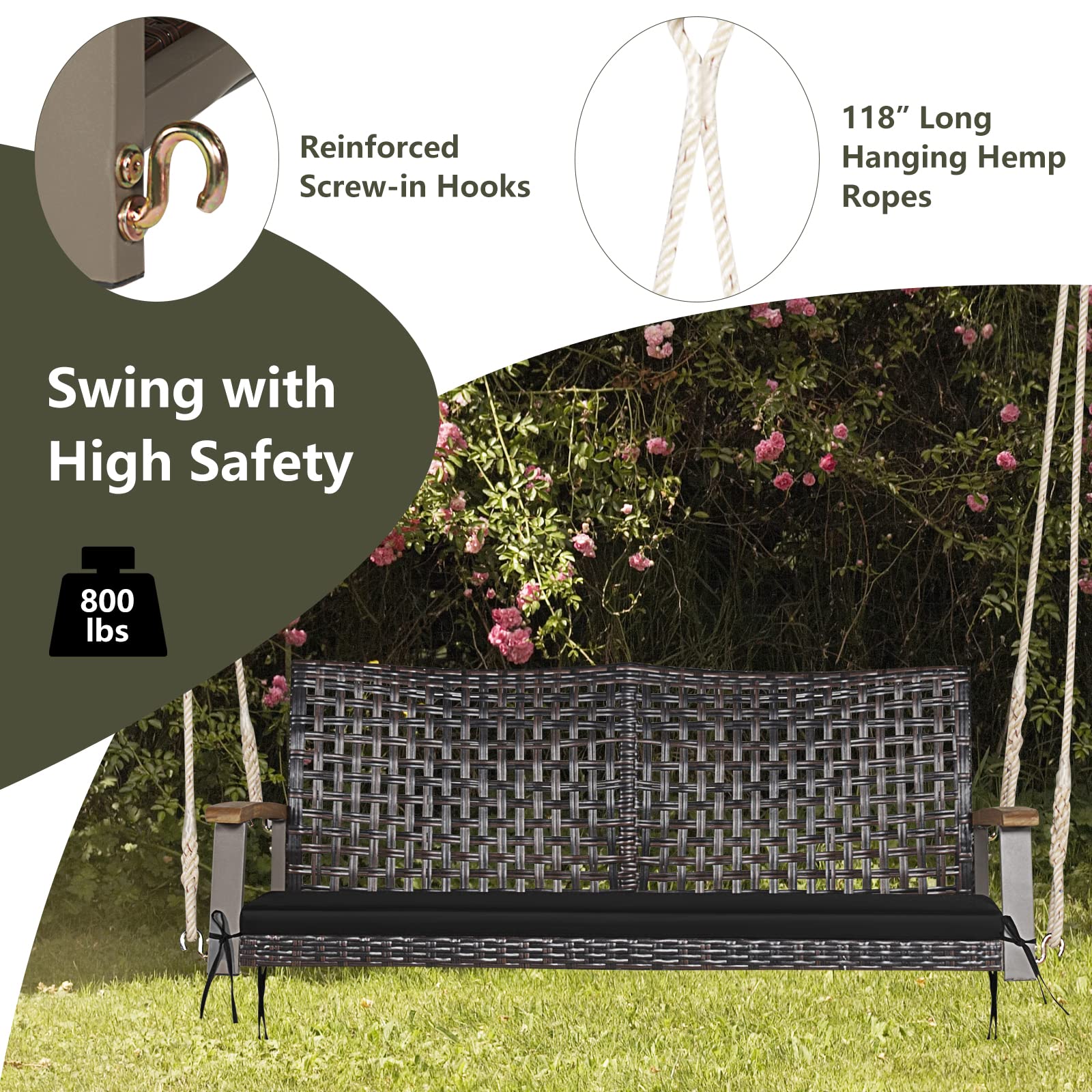 Tangkula 2-Person PE Wicker Porch Swing Bench - Outdoor Hanging Chair with Soft Cushion & Heavy Duty Chains (118