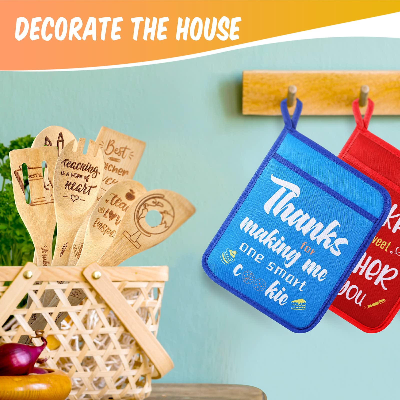 Remerry 12-Piece Teacher Appreciation Gift Set - 3 Heat-Resistant Potholders, Oven Mitt, 6-Piece Bamboo Kitchen Utensil Set & 3 Thank You Cards - Perfect Cooking & Baking Gifts for Women Teachers