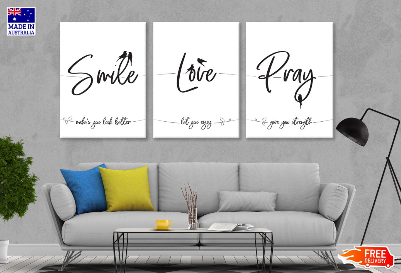 3 Set Smile Live Pray Black & White Word Art Canvas Prints - High Quality Australian Made Wall Decor - Ready to Hang for Living Room, Bedroom & Office