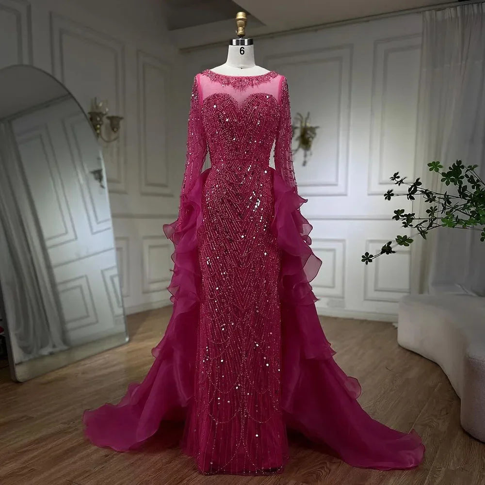Serene Hill Fuchsia Mermaid Over Skirt Beaded Luxury Dubai Long Evening Dresses for Women - Elegant Wedding Party Gowns 2025 LA72379 | Perfect for Red Carpet Events, Galas & Formal Occasions